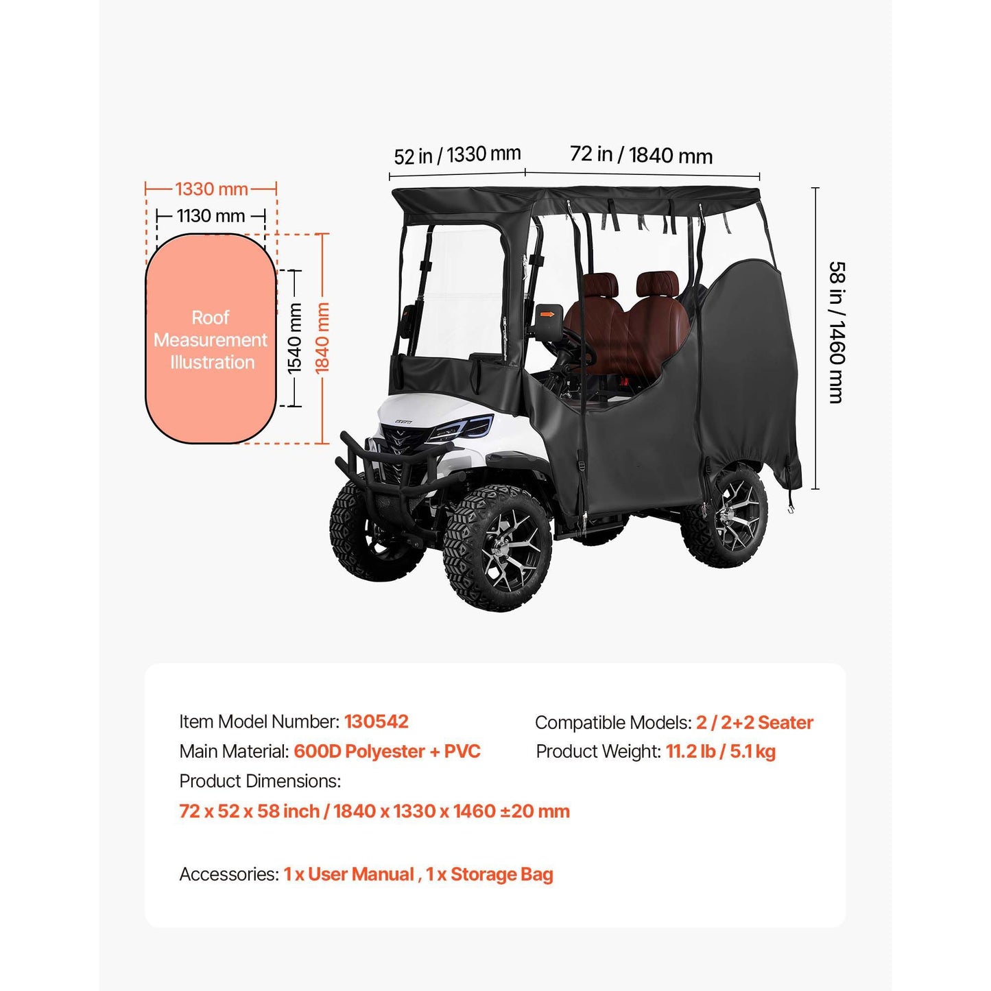 Golf Cart Cover, Visible Full-Enclosure 2&2+2 Passenger Golf Cart, 600D Waterproof Oxford Fabric Club Car Cover Fits Most Carts Club Car, Yamaha, EZGO, Honda, PVC Coating & Windproof Hook Design