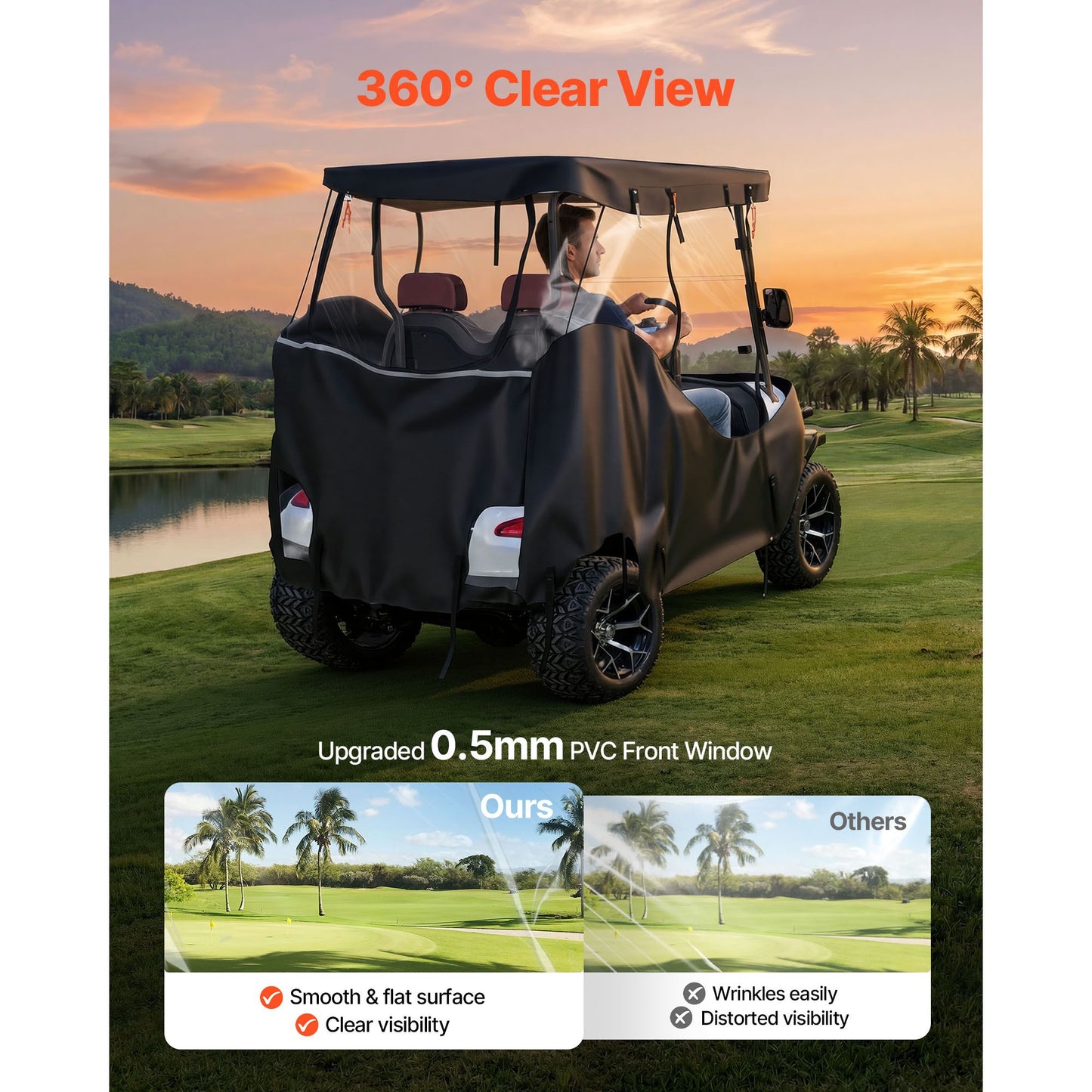 Golf Cart Cover, Visible Full-Enclosure 2&2+2 Passenger Golf Cart, 600D Waterproof Oxford Fabric Club Car Cover Fits Most Carts Club Car, Yamaha, EZGO, Honda, PVC Coating & Windproof Hook Design