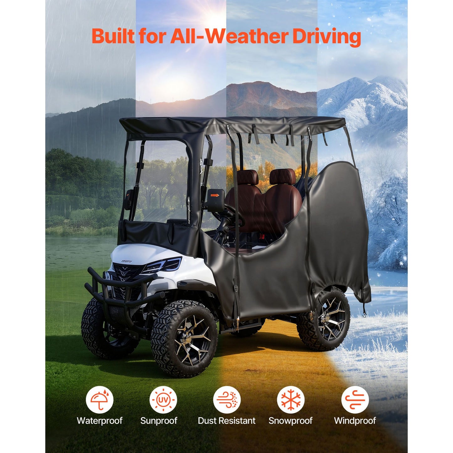 Golf Cart Cover, Visible Full-Enclosure 2&2+2 Passenger Golf Cart, 600D Waterproof Oxford Fabric Club Car Cover Fits Most Carts Club Car, Yamaha, EZGO, Honda, PVC Coating & Windproof Hook Design