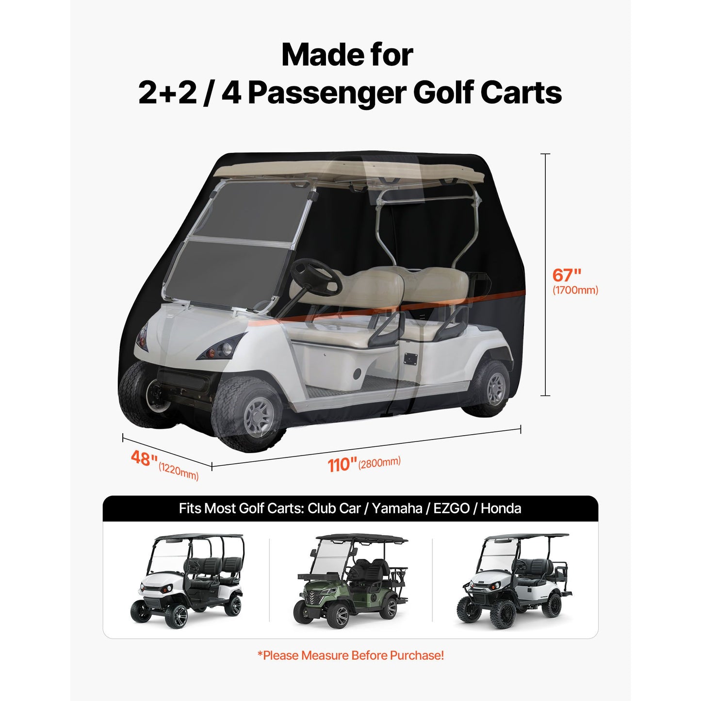 Golf Cart Cover, Full Coverage 2+2/4 Passenger Golf Cart, 420D Waterproof Oxford Fabric Club Car Cover Fits Most Carts Club Car, Yamaha, EZGO, Honda, Silver-Coated Layer & Three Zipper Doors