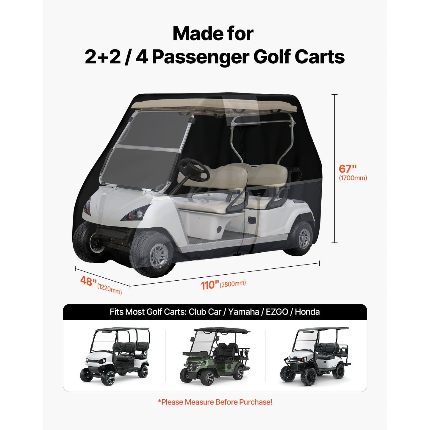 Golf Cart Cover, Full Coverage 2+2/4 Passenger Golf Cart, 420D Waterproof Oxford Fabric Club Car Cover Fits Most Carts Club Car, Yamaha, EZGO, Honda, Silver-Coated Layer & Three Zipper Doors