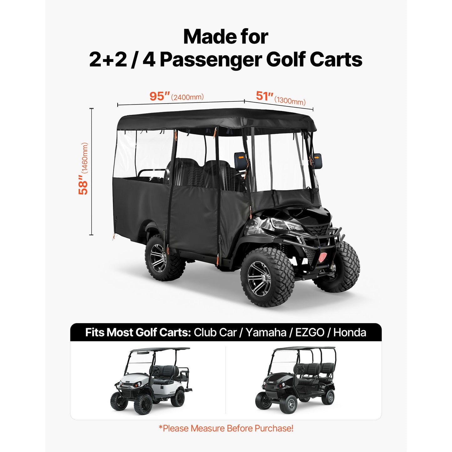 Golf Cart Cover, Visible Full-Enclosure 2+2/4 Passenger Golf Cart, 600D Waterproof Oxford Fabric Club Car Cover Fits Most Carts Club Car, Yamaha, EZGO, Honda, PVC Coating & Windproof Hook Design