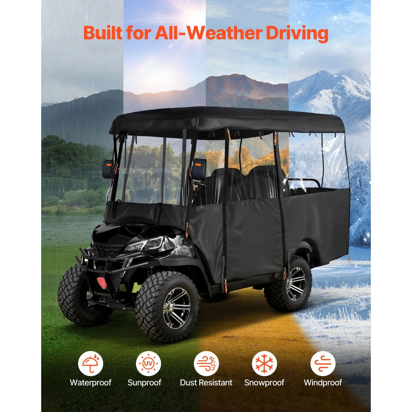 Golf Cart Cover, Visible Full-Enclosure 2+2/4 Passenger Golf Cart, 600D Waterproof Oxford Fabric Club Car Cover Fits Most Carts Club Car, Yamaha, EZGO, Honda, PVC Coating & Windproof Hook Design