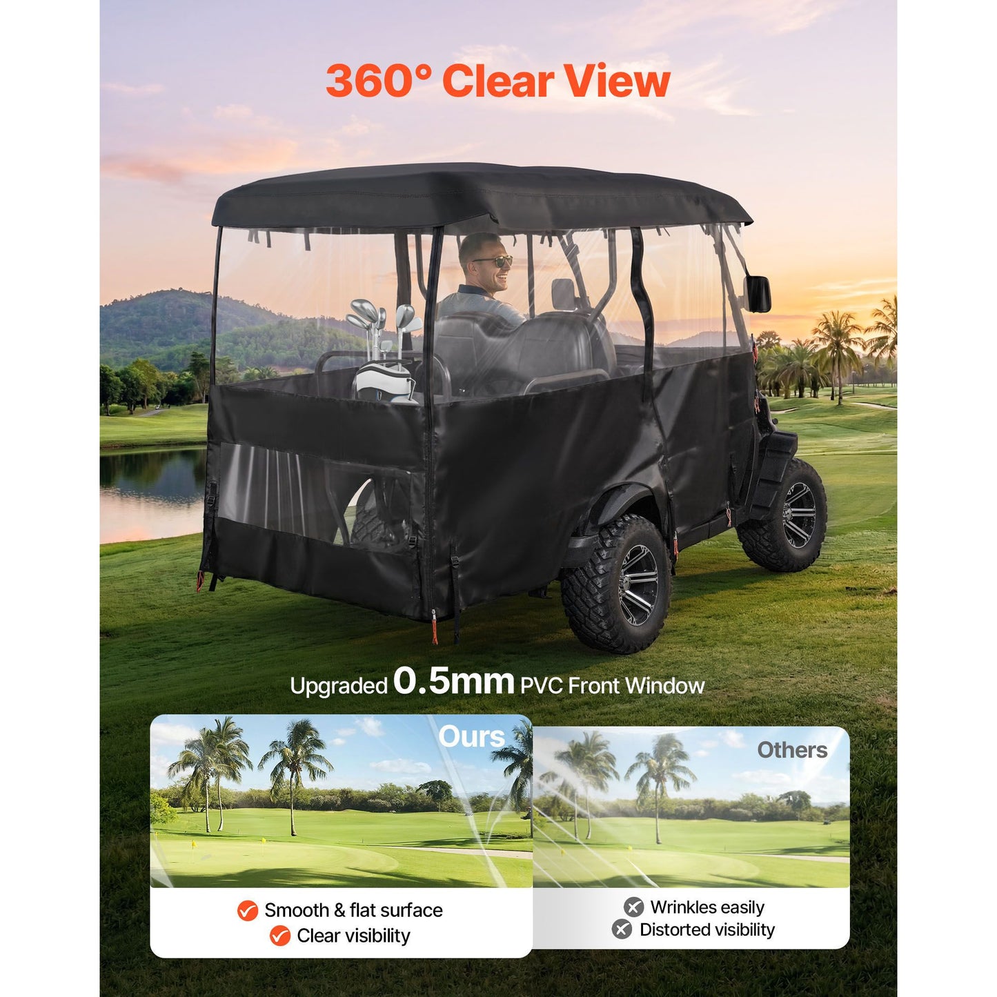 Golf Cart Cover, Visible Full-Enclosure 2+2/4 Passenger Golf Cart, 600D Waterproof Oxford Fabric Club Car Cover Fits Most Carts Club Car, Yamaha, EZGO, Honda, PVC Coating & Windproof Hook Design