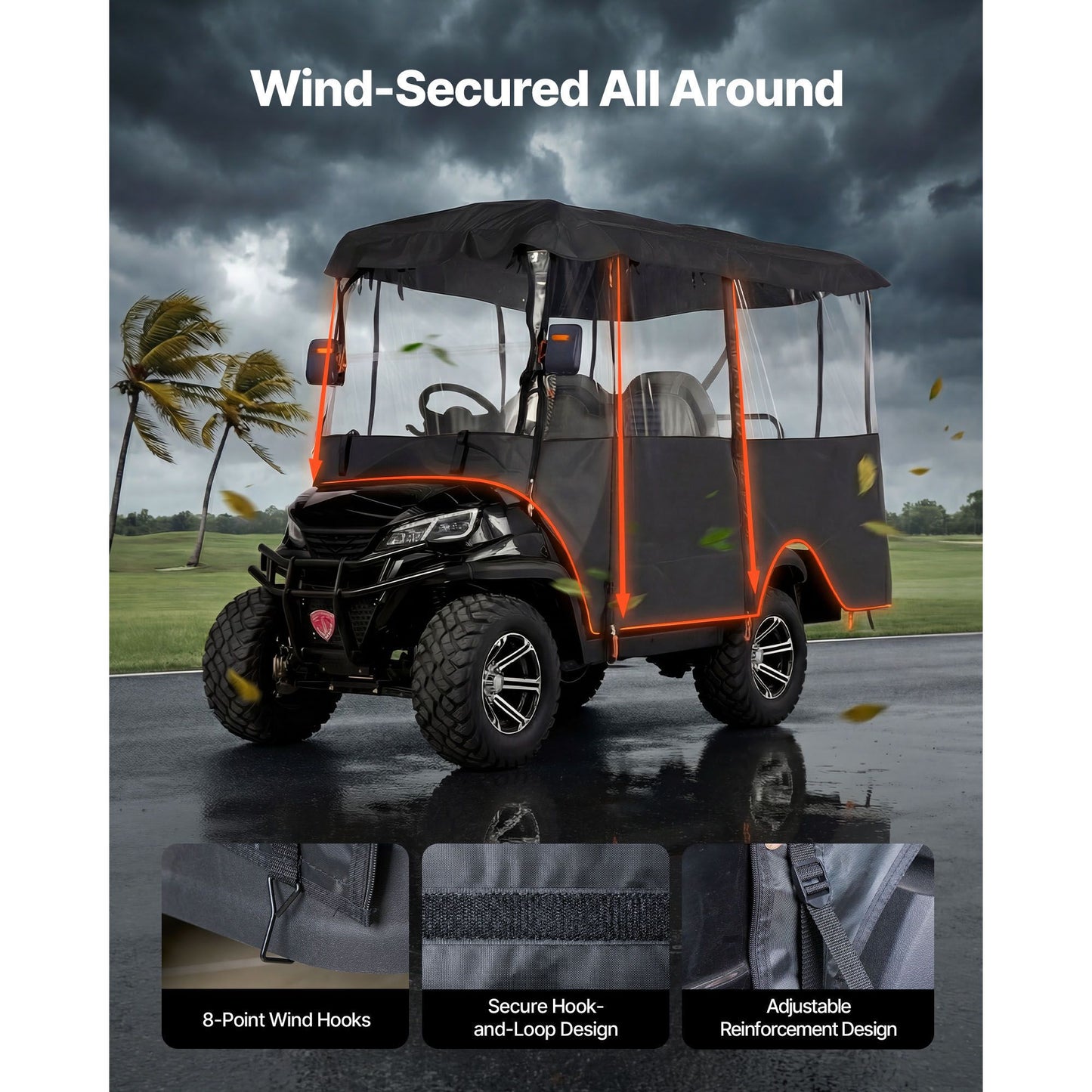 Golf Cart Cover, Visible Full-Enclosure 2+2/4 Passenger Golf Cart, 420D Waterproof Oxford Fabric Club Car Cover Fits Most Carts Club Car, Yamaha, EZGO, Honda, PVC Coating & Windproof Hook Design