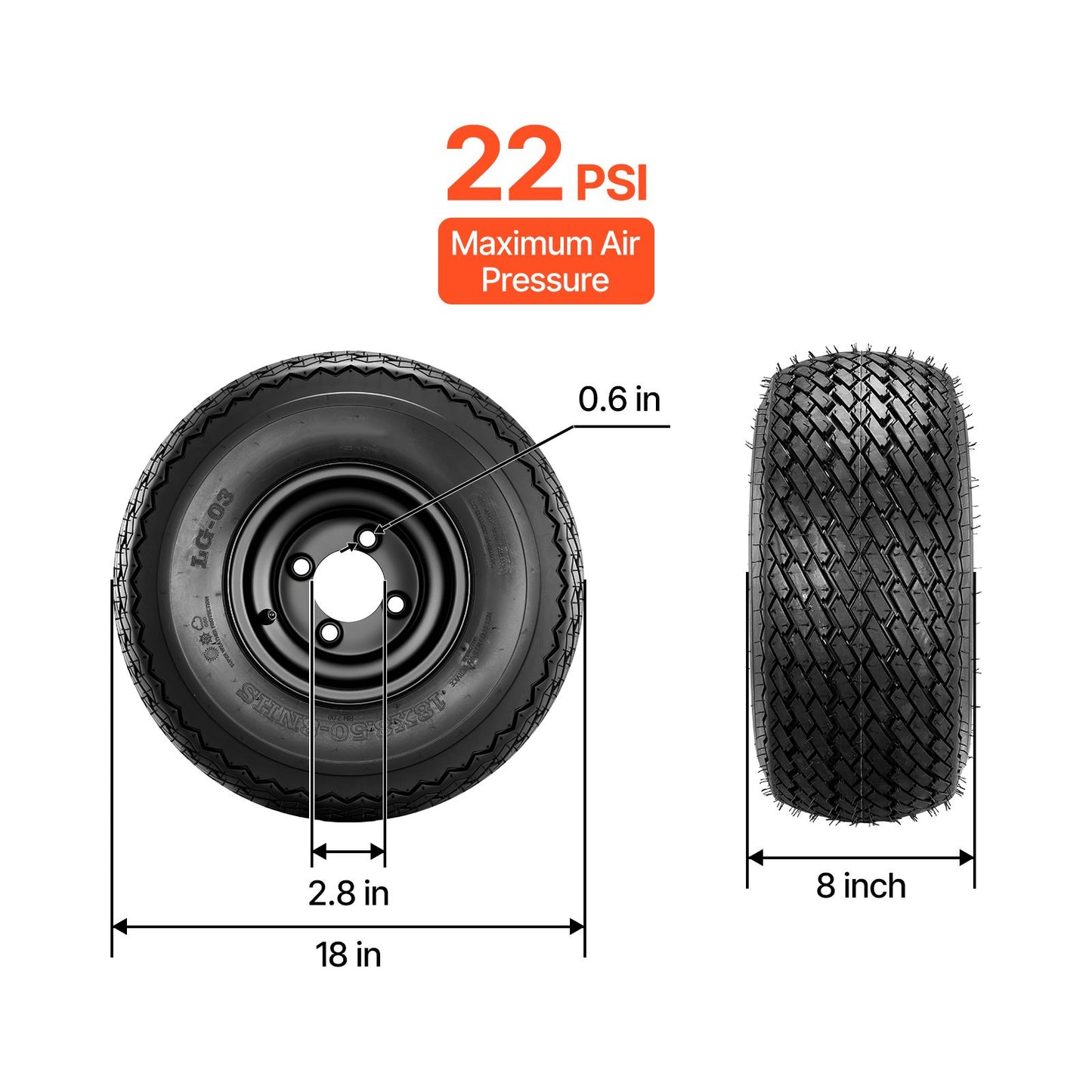 Golf Cart Wheels, 8" 18x8.50-8 Black Steel Golf Cart Tires and Wheels Combo (Set of 4) Fit Club Car, EZGO, Yamaha, 4 Ply Rubber 4-Lug Lawn Mower Tires & Rims Assembly, 800 lbs Load, All-Terrain