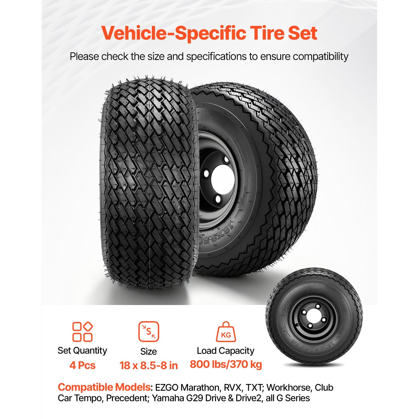 Golf Cart Wheels, 8" 18x8.50-8 Black Steel Golf Cart Tires and Wheels Combo (Set of 4) Fit Club Car, EZGO, Yamaha, 4 Ply Rubber 4-Lug Lawn Mower Tires & Rims Assembly, 800 lbs Load, All-Terrain
