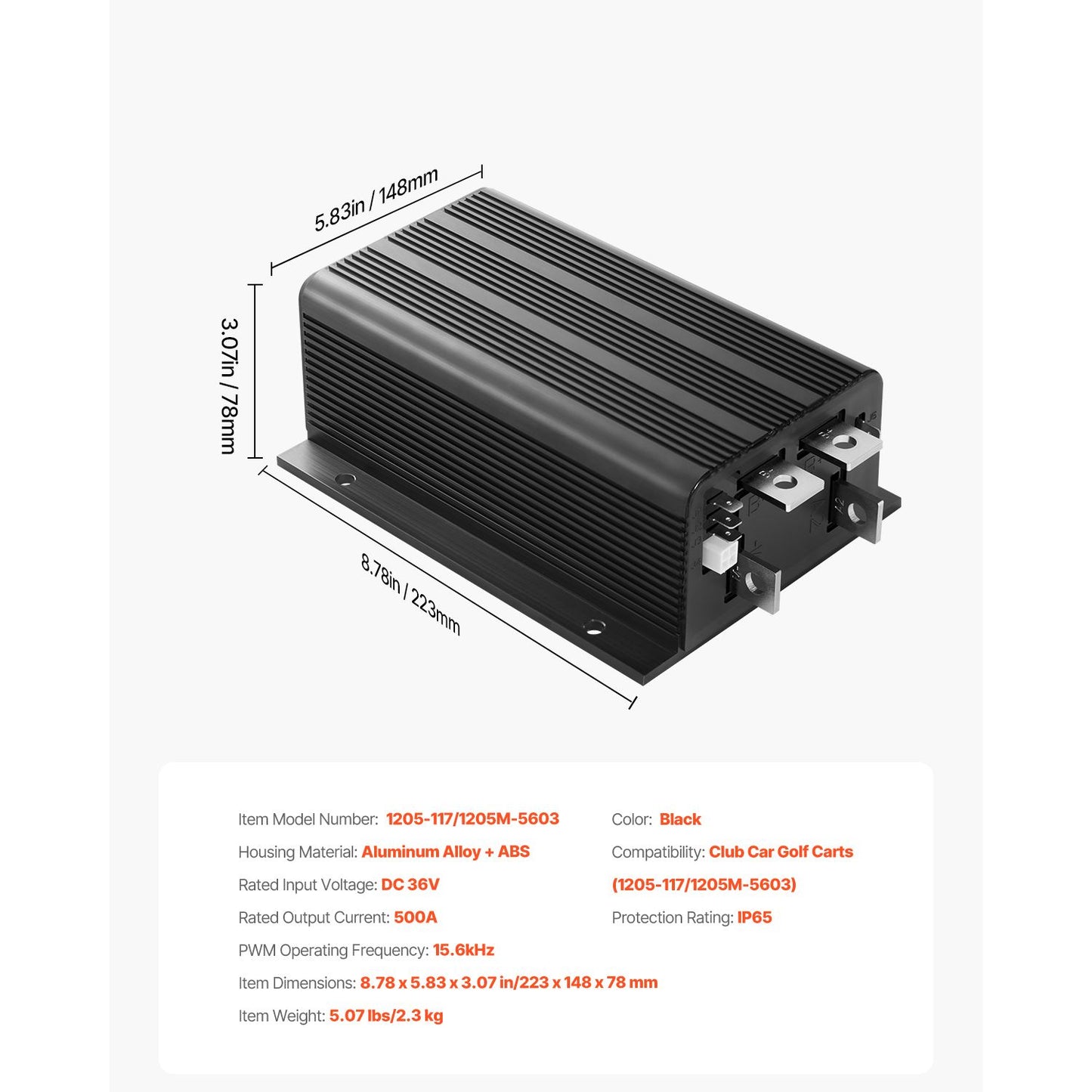 Golf Cart Speed Controller, 36V & 500A, DC Motor Controller Replacement for Club Car Golf Carts, IP65 Rated Protection, Aluminum Alloy & ABS Housing, Compatible with 1205-117/1205M-5603 Models