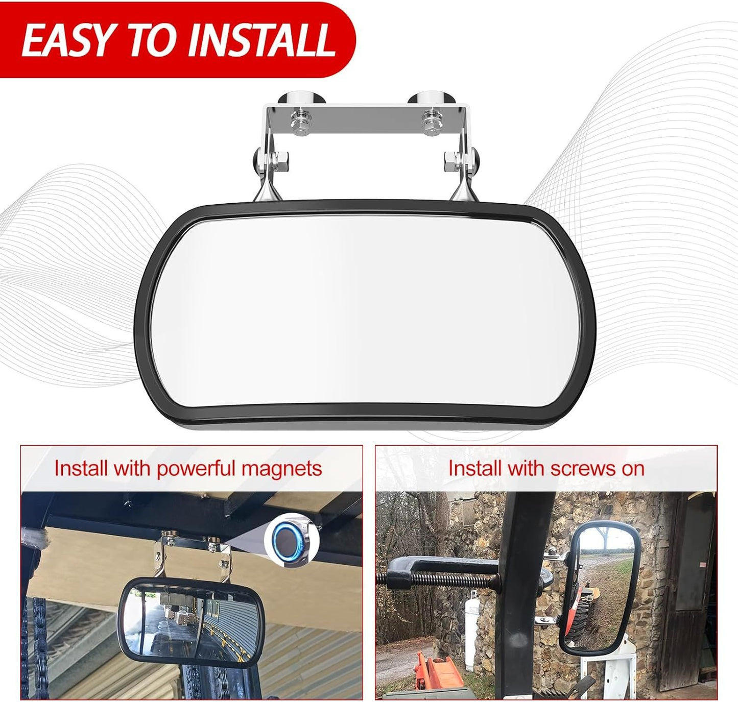Magnetic Tractor Mirror, Rearview and Side Mirrors for Tractors, Forklifts, Golf Cart, Fit for John Deere, Kubota, Convex Mirror with U-Bracket, Screw-on or Magnets Installation,no Vibration