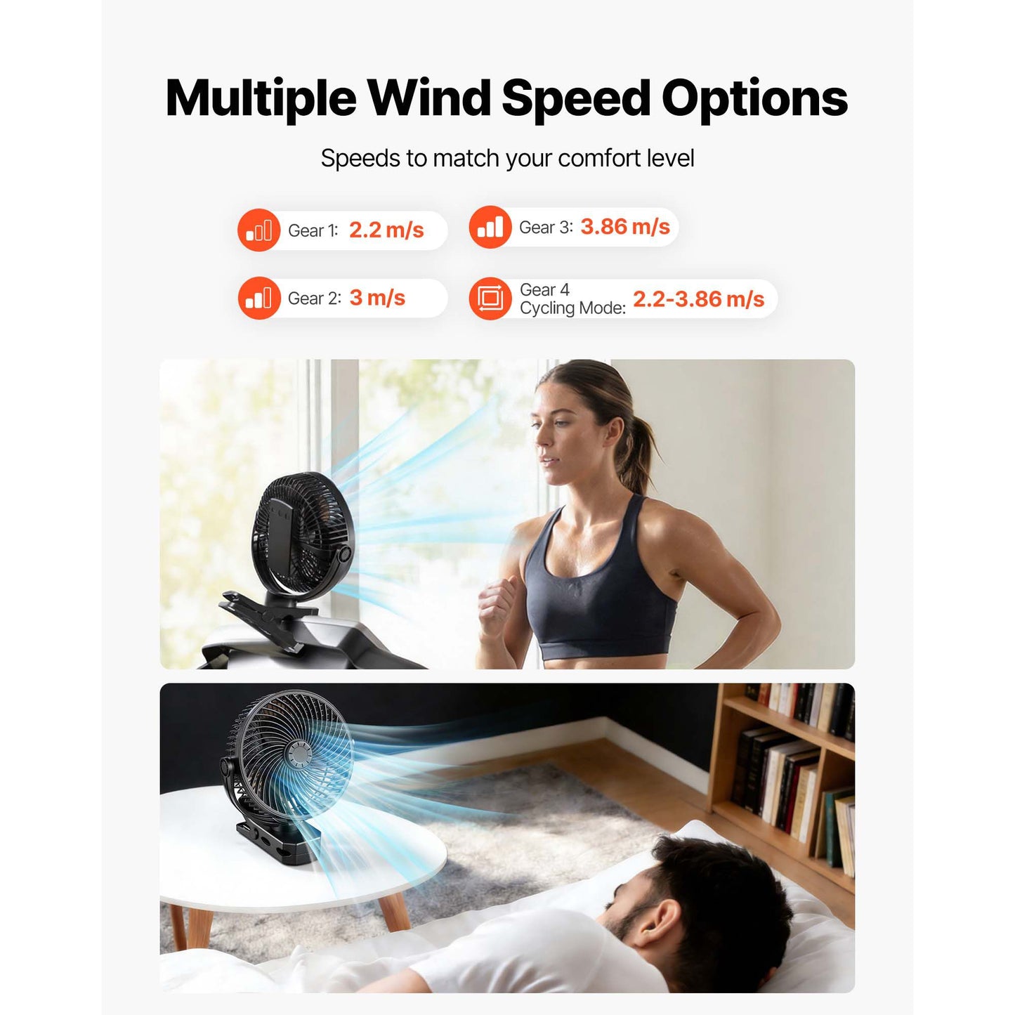 Portable Clip Fan, Rechargeable Clip On Fan, USB Port with 3 Speeds & Circulation Mode, Strong Airflow Sturdy Clamp, Long Runtime for Desk, Golf Cart, Outdoor Camping Treadmill, Office, Black
