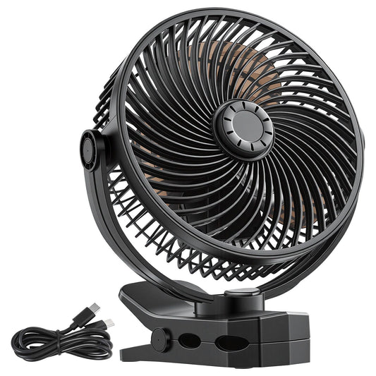 Portable Clip Fan, Rechargeable Clip On Fan, USB Port with 3 Speeds & Circulation Mode, Strong Airflow Sturdy Clamp, Long Runtime for Desk, Golf Cart, Outdoor Camping Treadmill, Office, Black