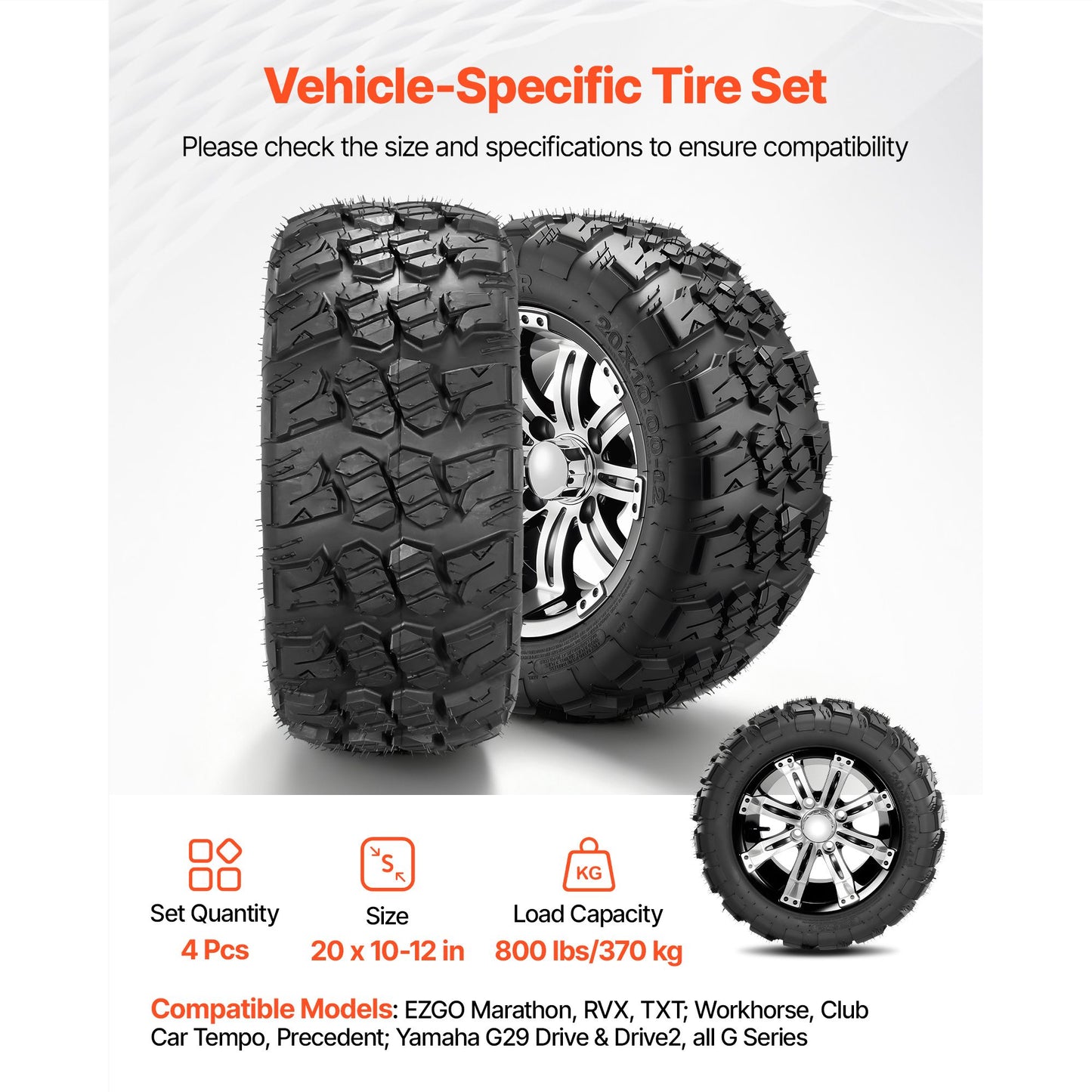 Golf Cart Wheels, 12" 20x10-12 Black Aluminum Alloy Golf Cart Tires and Wheels Combo (Set of 4) Fit Club Car, EZGO, Yamaha, 4 Ply Rubber 4-Lug Lawn Mower Tires & Rims, 800 lbs Load, All-Terrain