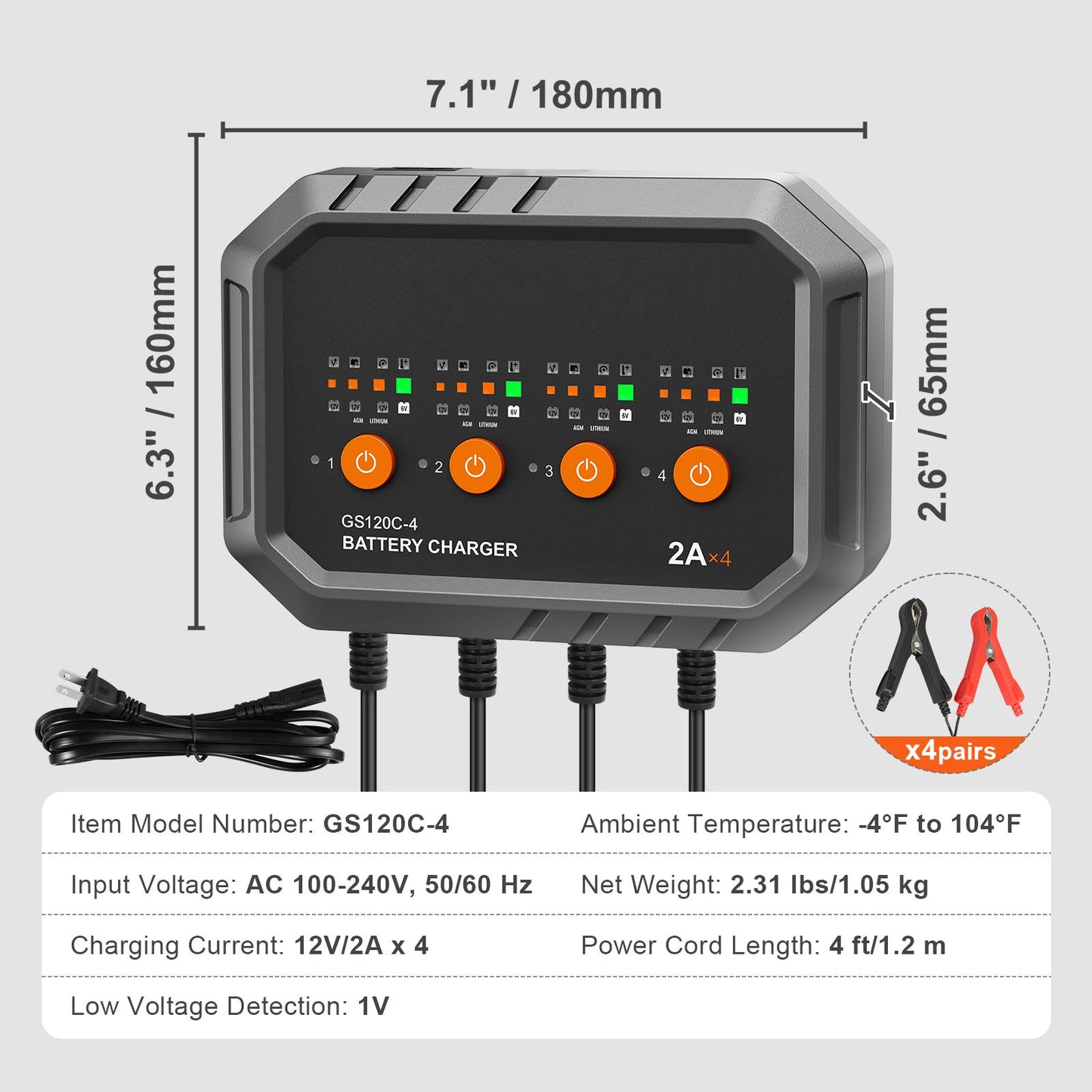 Smart Battery Charger, 8-Amp, LiFePO4 Lead-Acid (AGM / Gel / SLA) Car Battery Charger, Fully-Automatic Charger Maintainer for Boat Motorcycle Lawn Mower Golf Cart Marine Deep Cycle