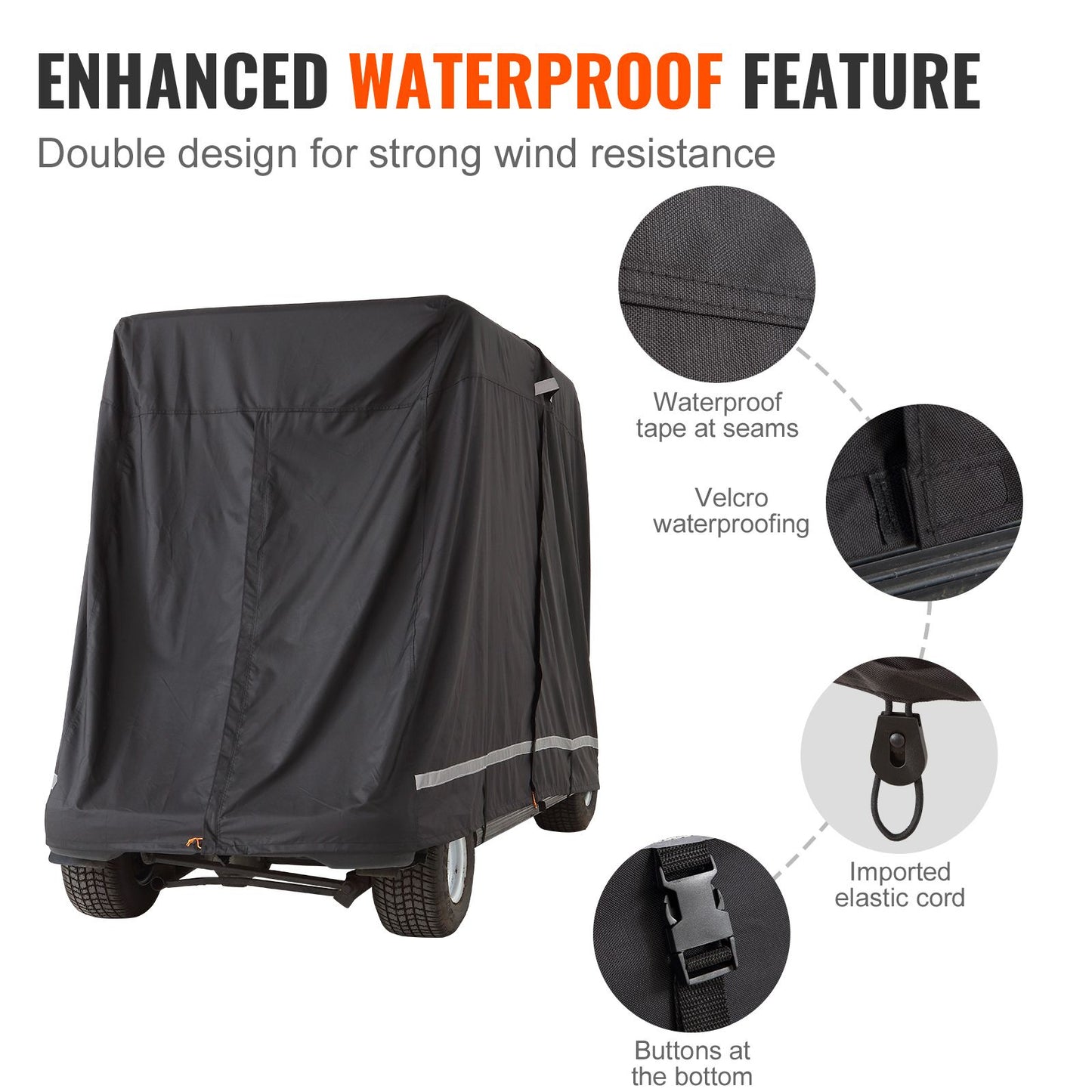 2+2 Passenger Golf Cart Cover, 600D Polyester Full Cover, Suitable for 2+2 Seats Golf Carts, Waterproof, Sunproof, and Dustproof Outdoor Golf Cart Cover with Three Zipper Doors, Black