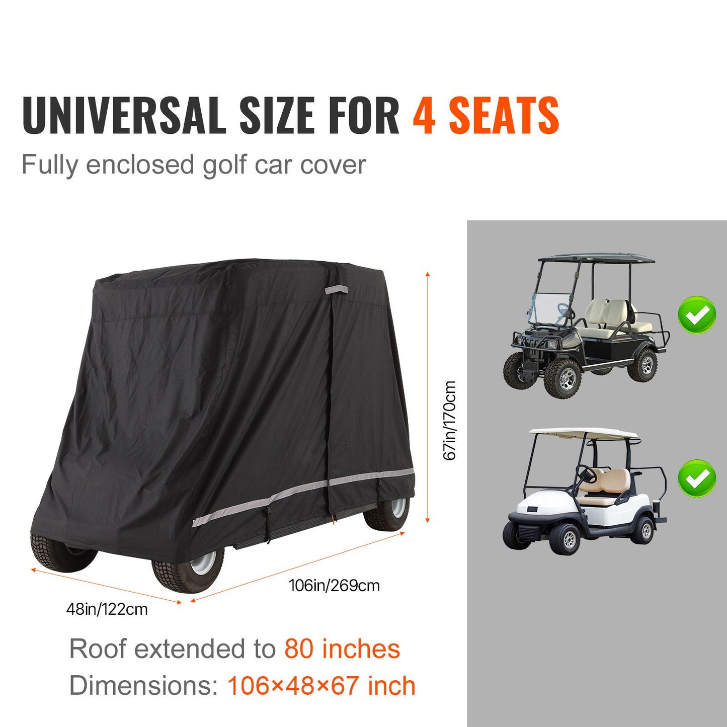 2+2 Passenger Golf Cart Cover, 600D Polyester Full Cover, Suitable for 2+2 Seats Golf Carts, Waterproof, Sunproof, and Dustproof Outdoor Golf Cart Cover with Three Zipper Doors, Black