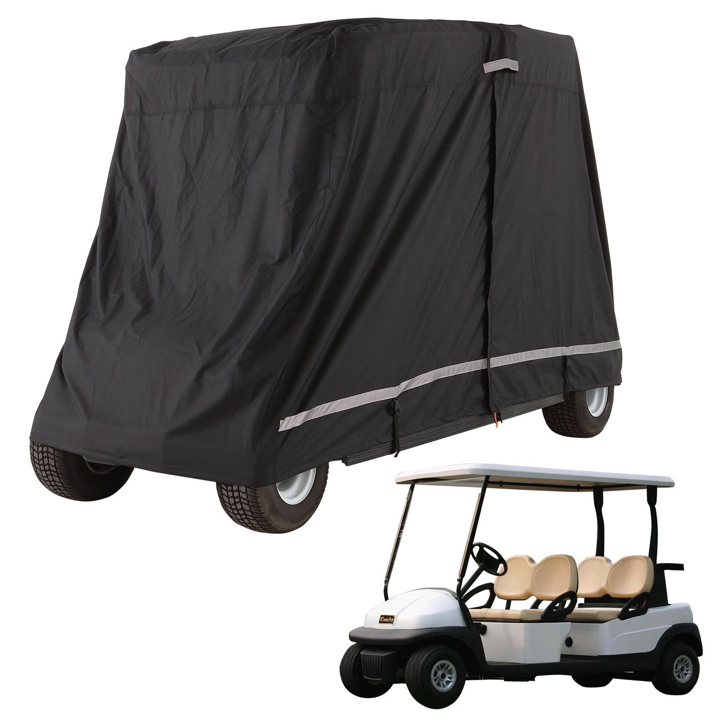 2+2 Passenger Golf Cart Cover, 600D Polyester Full Cover, Suitable for 2+2 Seats Golf Carts, Waterproof, Sunproof, and Dustproof Outdoor Golf Cart Cover with Three Zipper Doors, Black
