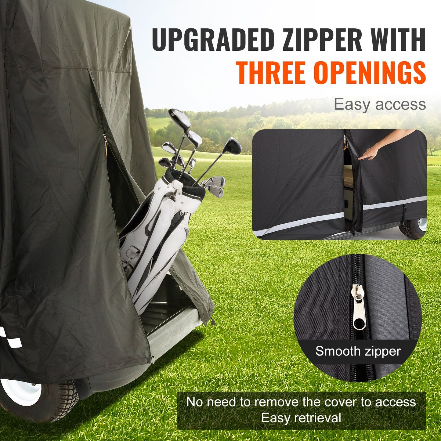2+2 Passenger Golf Cart Cover, 600D Polyester Full Cover, Suitable for 2+2 Seats Golf Carts, Waterproof, Sunproof, and Dustproof Outdoor Golf Cart Cover with Three Zipper Doors, Black