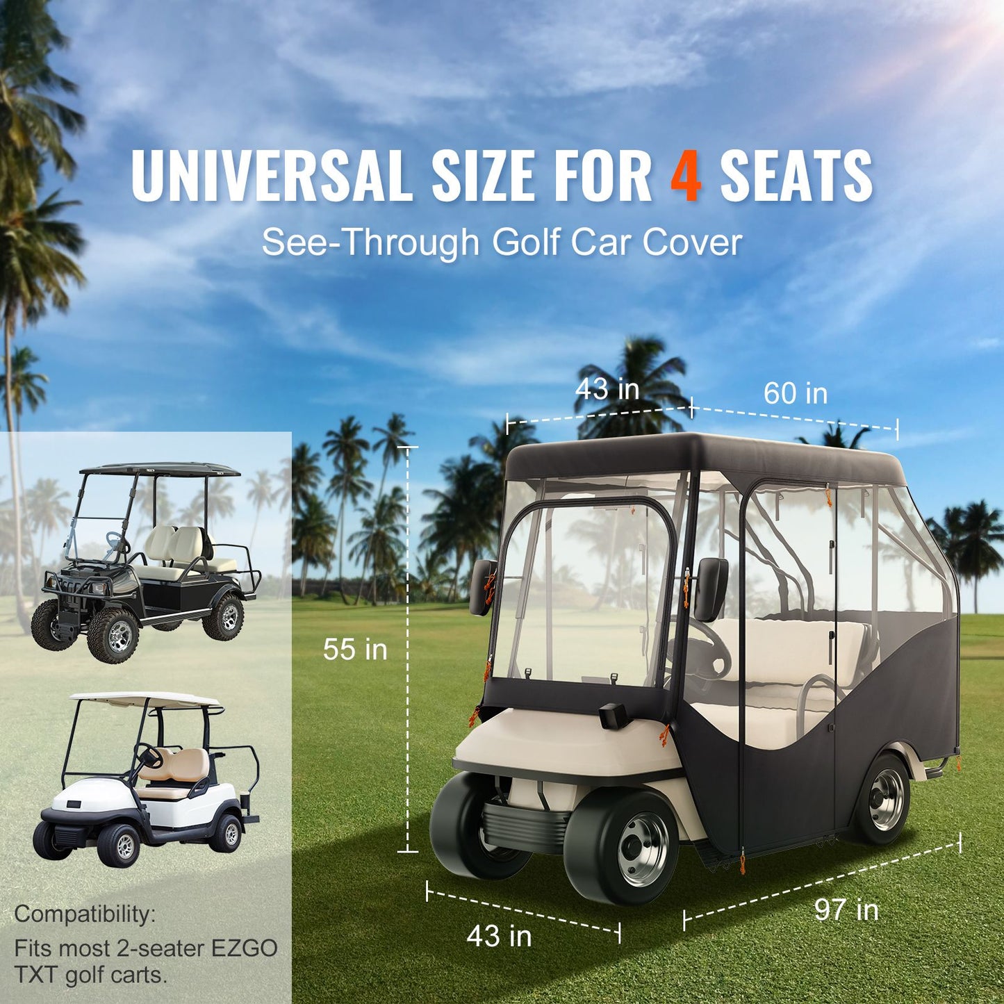 Golf Cart Enclosure, 420D Polyester Driving Enclosure with 4-Sided Transparent Windows, 4 Passenger Club Car Covers for 2+2 Passenger Golf Carts, Sunproof and Dustproof Outdoor Cart Cover
