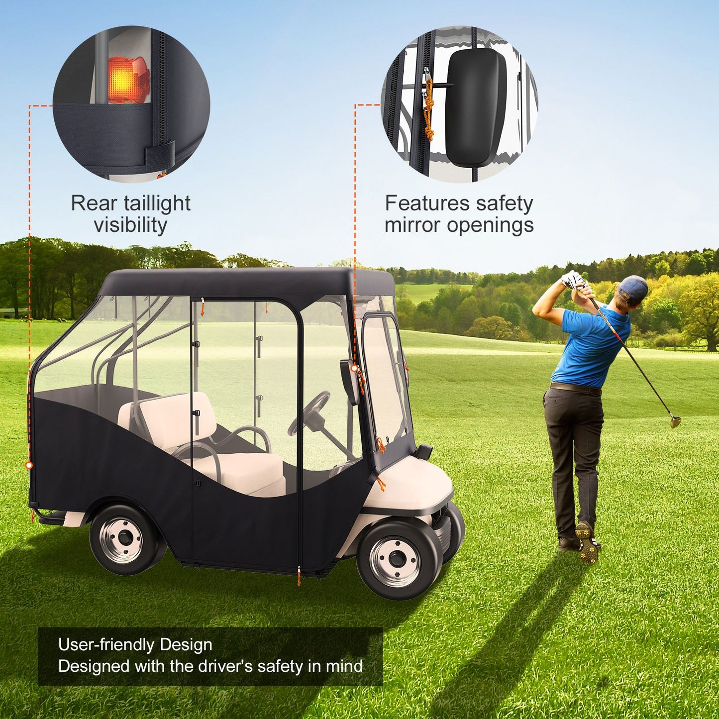 Golf Cart Enclosure, 420D Polyester Driving Enclosure with 4-Sided Transparent Windows, 4 Passenger Club Car Covers for 2+2 Passenger Golf Carts, Sunproof and Dustproof Outdoor Cart Cover