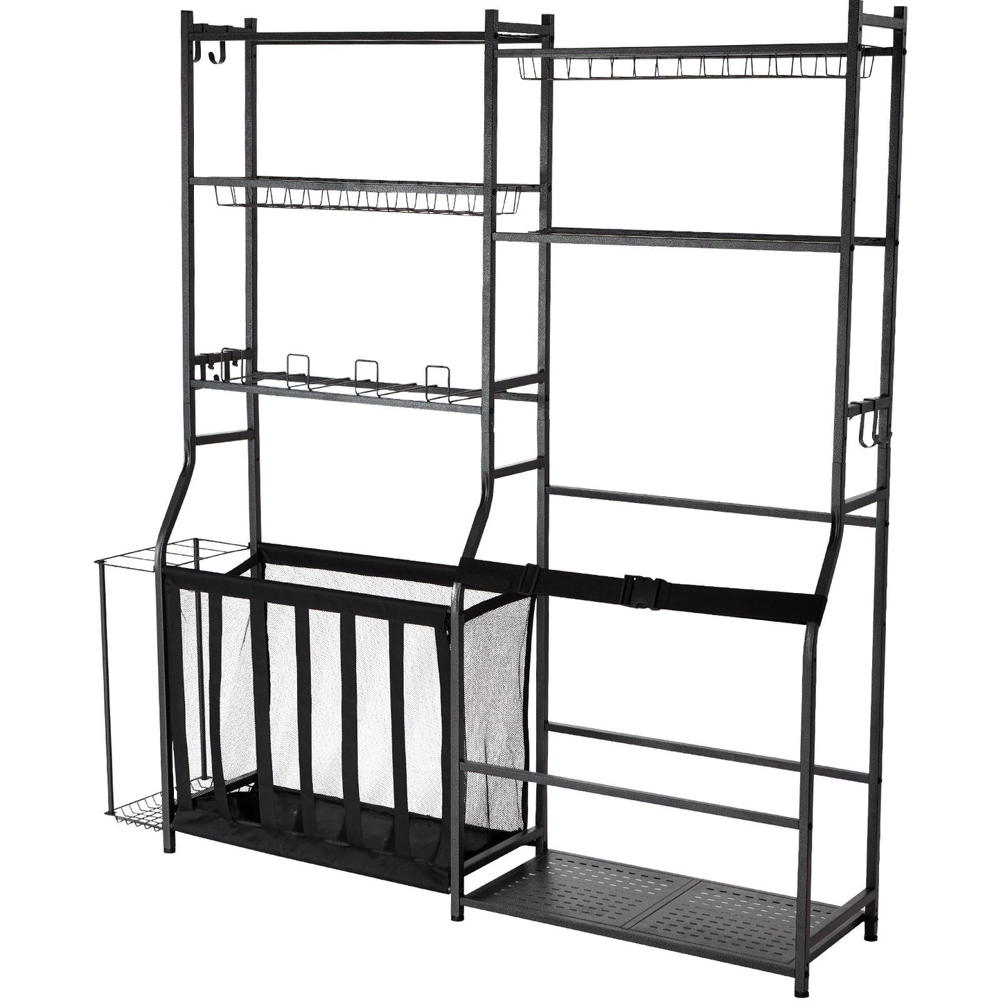 Golf Storage Garage Organizer, 2 Golf Bag Storage Stand Holder and Other Sports Equipment Storage Rack, Outdoor Steel Ball Cart, Sports Gear and Toys Storage Shelves with Baskets & Hooks, Black