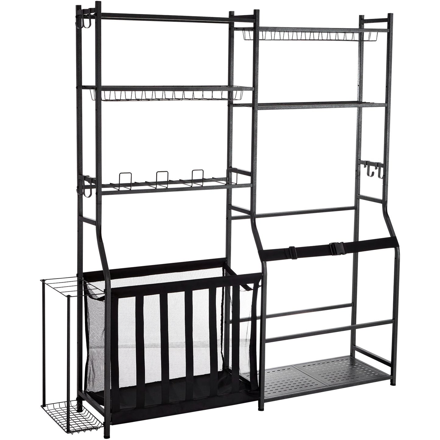 Golf Storage Garage Organizer, 2 Golf Bag Storage Stand Holder and Other Sports Equipment Storage Rack, Outdoor Steel Ball Cart, Sports Gear and Toys Storage Shelves with Baskets & Hooks, Black