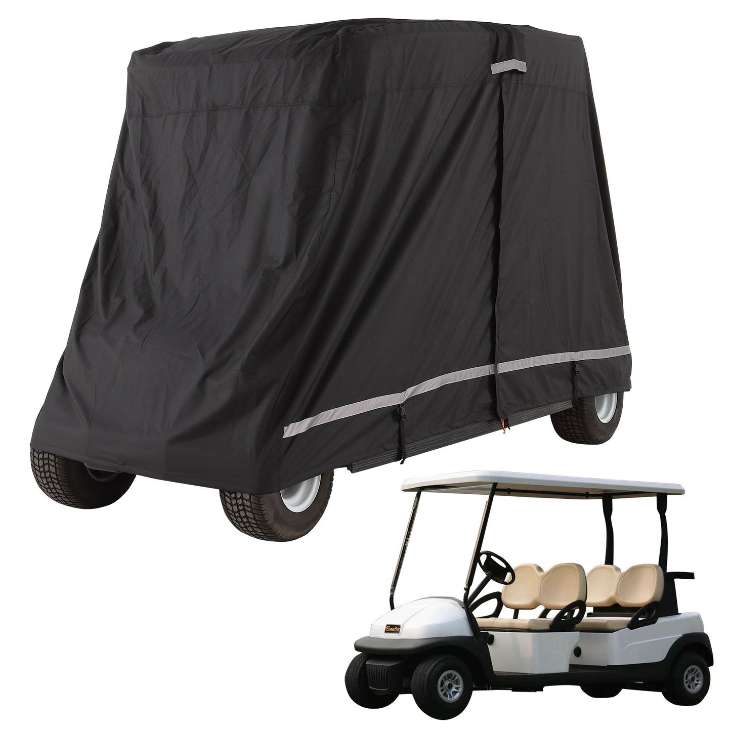 2+2 Passenger Golf Cart Cover, 600D Polyester Full Cover, Suitable for 2+2 Golf Carts, Waterproof, Sunproof, and Dustproof Outdoor Golf Cart Cover with Three Zipper Doors, Black