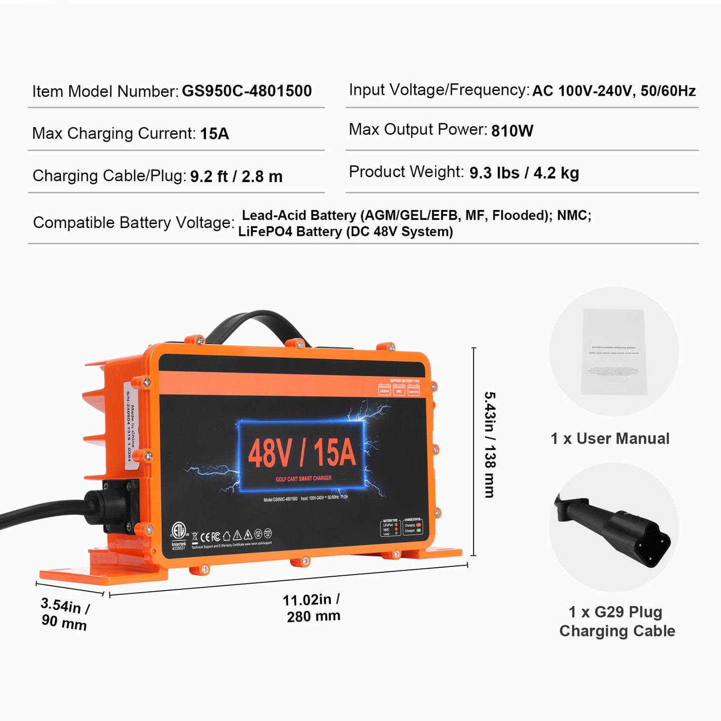 48 Volt Golf Cart Battery Charger, 15 AMP, Smart Battery Charger with G29 Plug, Compatible with Lead-Acid AGM/GEL/EFB MF Flooded NMC LiFePO4 Batteries for Yamaha, IP67 Waterproof ETL Certified