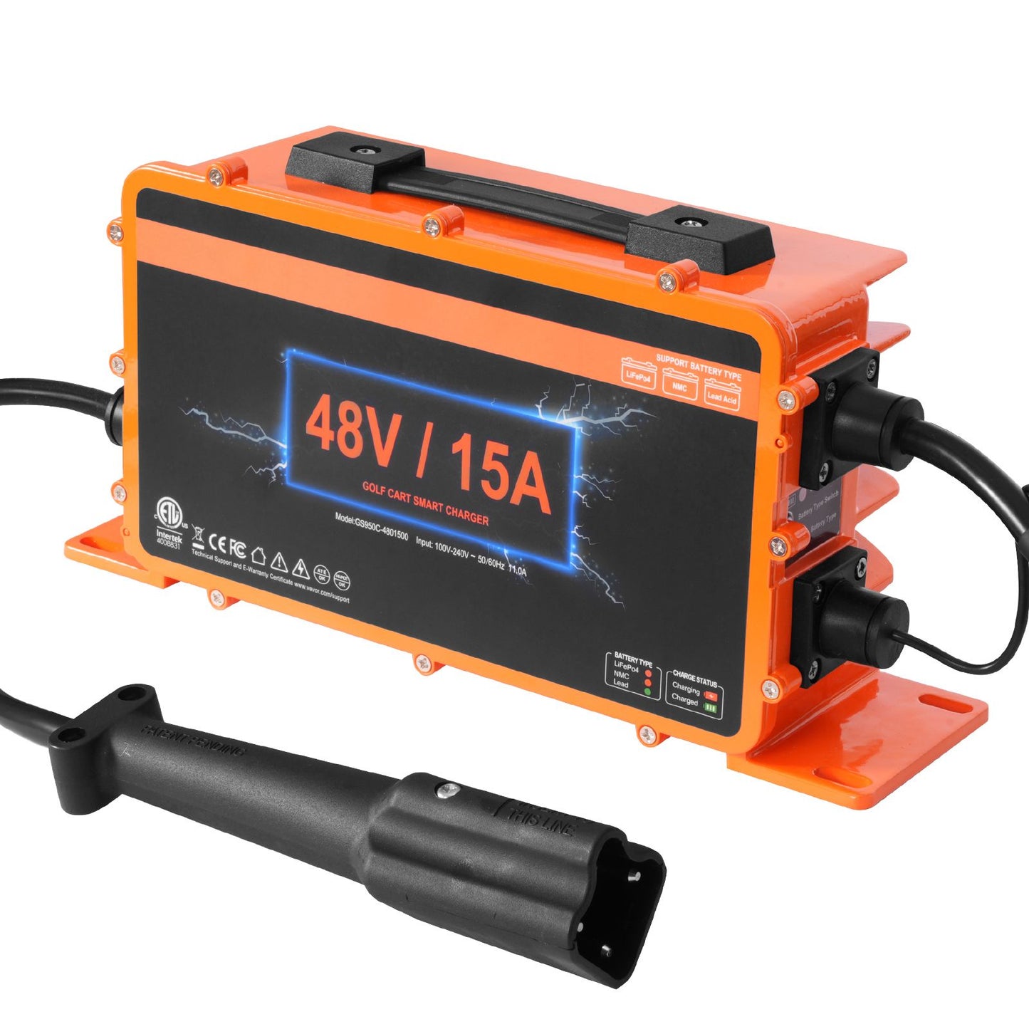 48 Volt Golf Cart Battery Charger, 15 AMP, Smart Battery Charger with G29 Plug, Compatible with Lead-Acid AGM/GEL/EFB MF Flooded NMC LiFePO4 Batteries for Yamaha, IP67 Waterproof ETL Certified