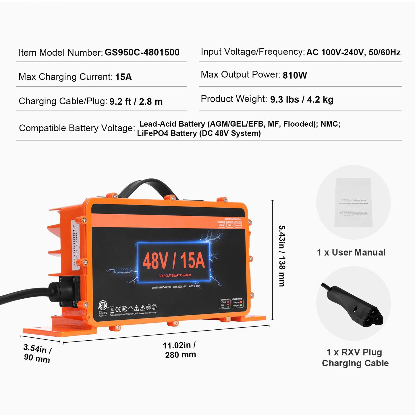48 Volt Golf Cart Battery Charger, 15 AMP, Smart Battery Charger with RXV Plug, Compatible with Lead-Acid AGM/GEL/EFB MF Flooded NMC LiFePO4 Batteries for EZGO TXT, IP67 Waterproof ETL Certified