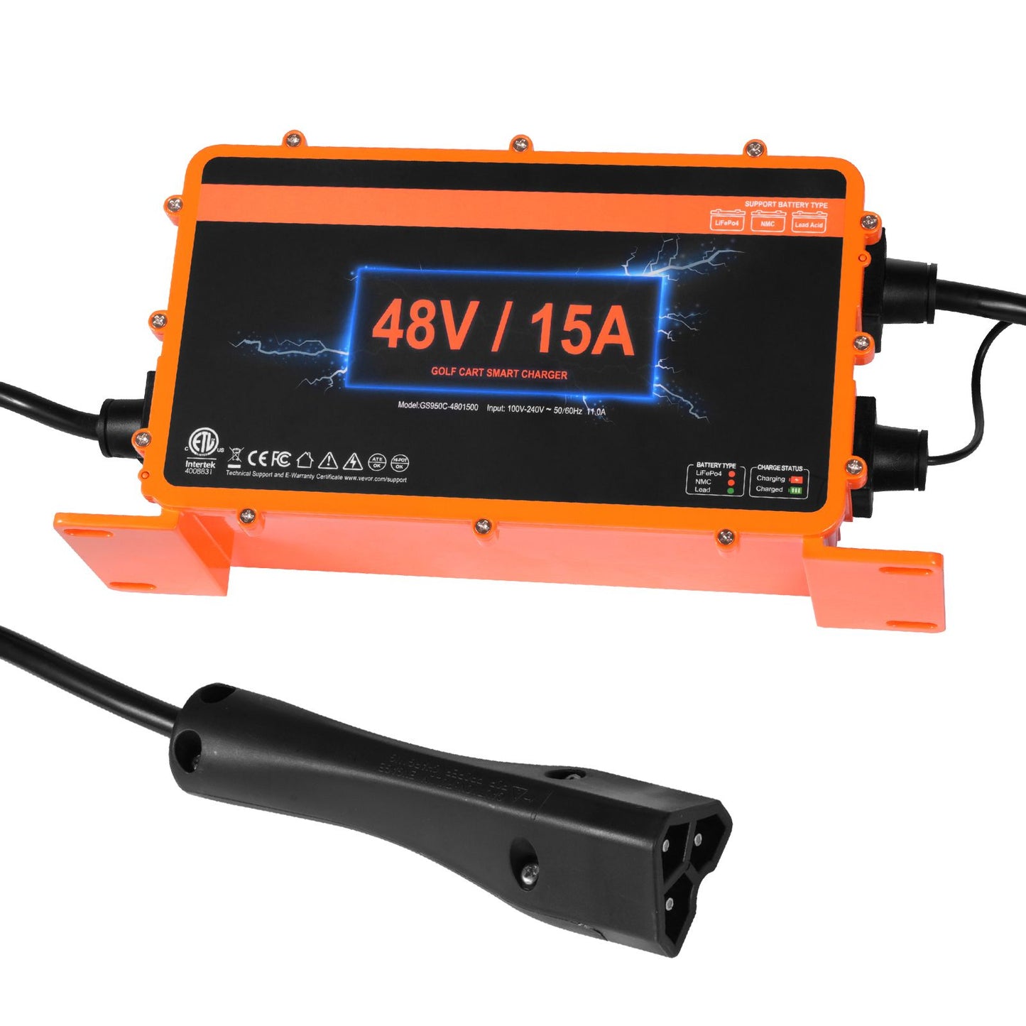 48 Volt Golf Cart Battery Charger, 15 AMP, Smart Battery Charger with RXV Plug, Compatible with Lead-Acid AGM/GEL/EFB MF Flooded NMC LiFePO4 Batteries for EZGO TXT, IP67 Waterproof ETL Certified
