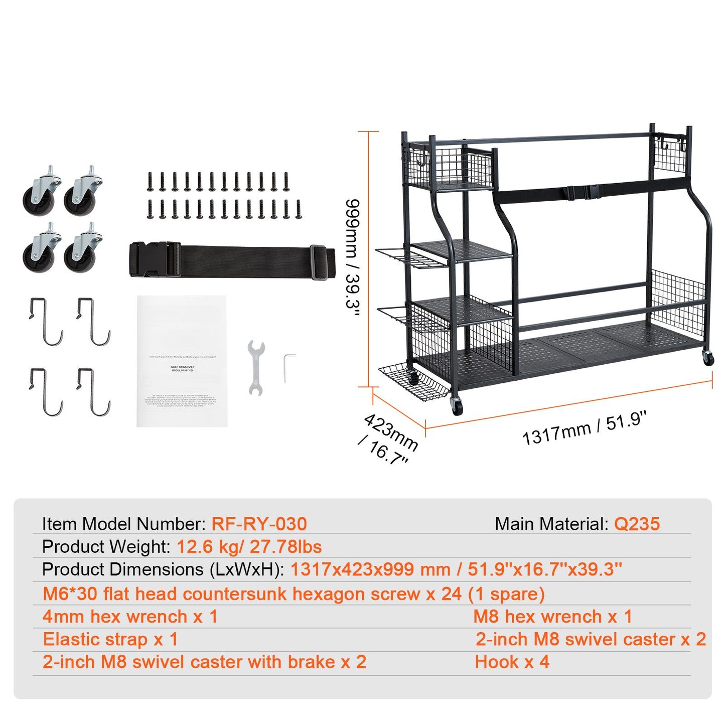 Golf Storage Garage Organizer, 3 Golf Bag Stand Holder and Other Sports Equipment Storage Rack, Rolling Ball Cart on Wheels, Outdoor Sport Gear and Toy Storage with Baskets & Hooks, Steel, Black