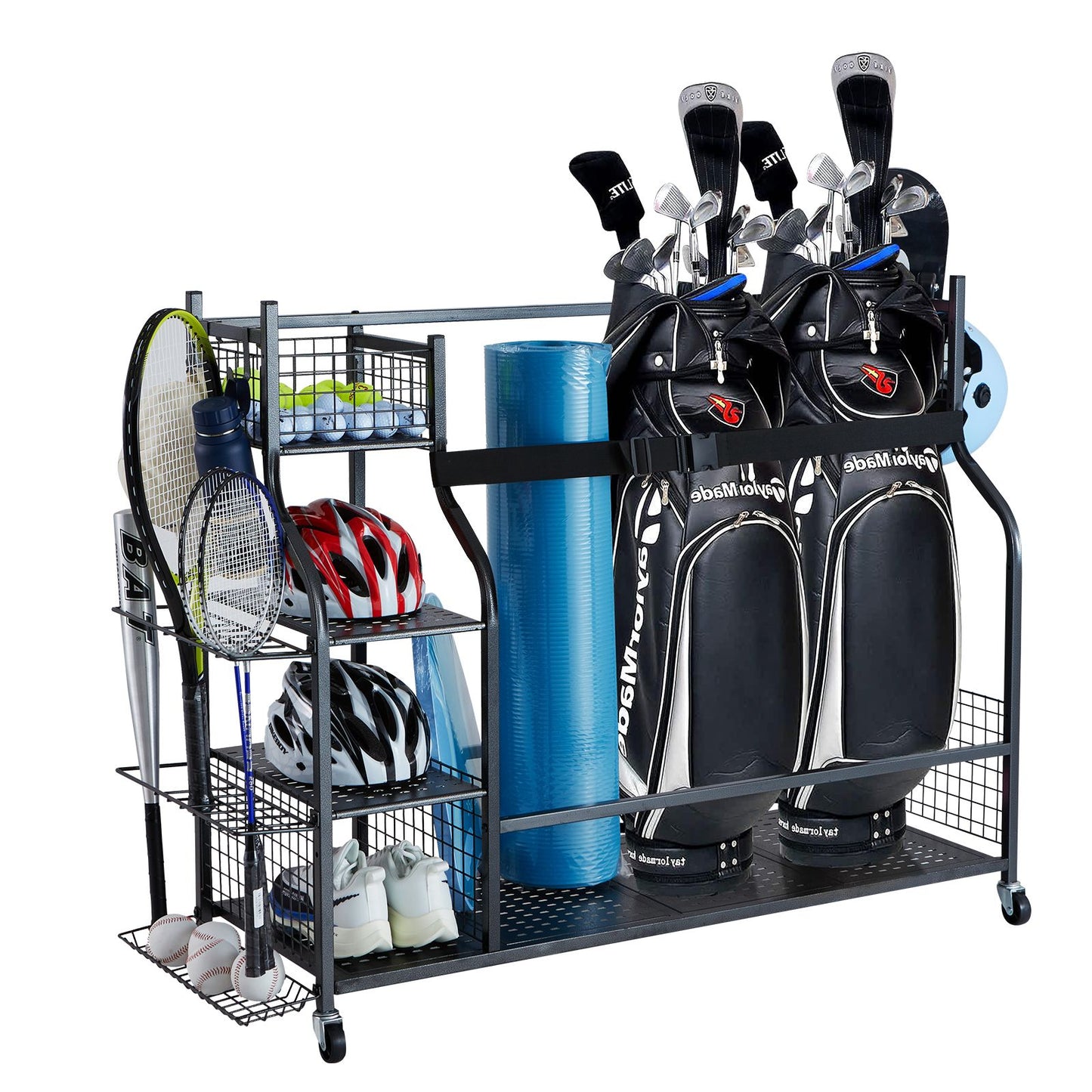 Golf Storage Garage Organizer, 3 Golf Bag Stand Holder and Other Sports Equipment Storage Rack, Rolling Ball Cart on Wheels, Outdoor Sport Gear and Toy Storage with Baskets & Hooks, Steel, Black