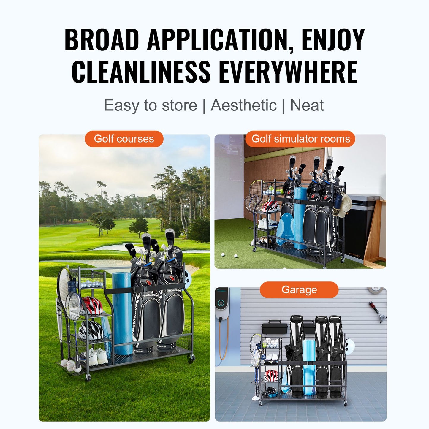 Golf Storage Garage Organizer, 3 Golf Bag Stand Holder and Other Sports Equipment Storage Rack, Rolling Ball Cart on Wheels, Outdoor Sport Gear and Toy Storage with Baskets & Hooks, Steel, Black