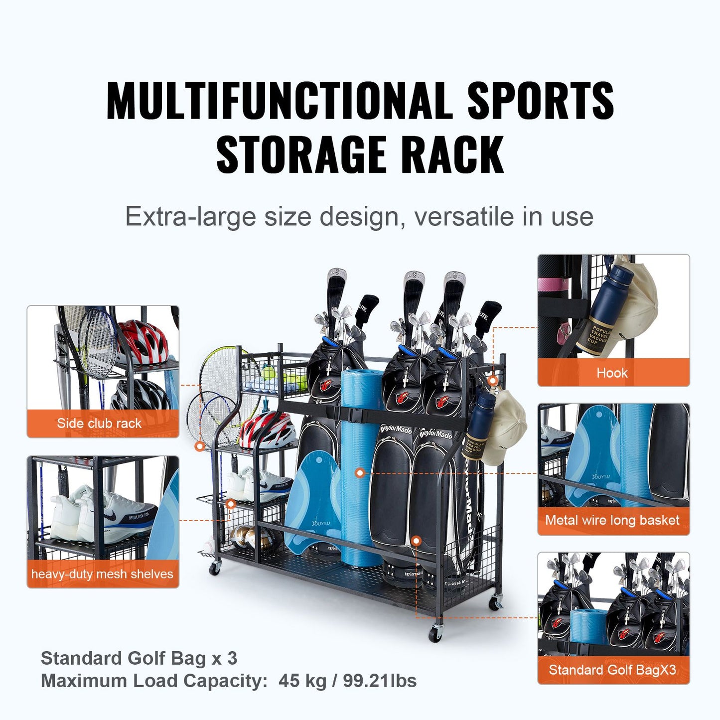 Golf Storage Garage Organizer, 3 Golf Bag Stand Holder and Other Sports Equipment Storage Rack, Rolling Ball Cart on Wheels, Outdoor Sport Gear and Toy Storage with Baskets & Hooks, Steel, Black