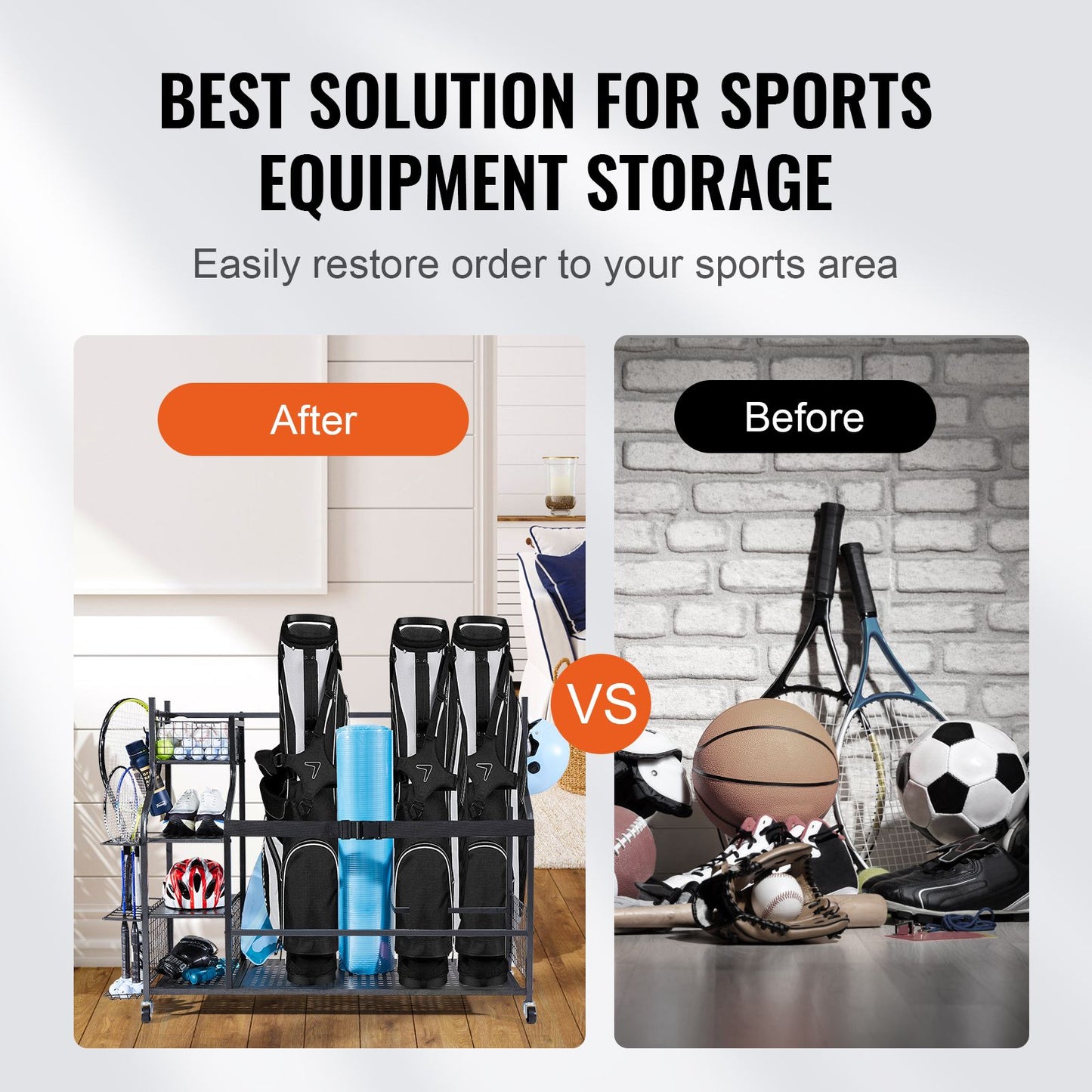Golf Storage Garage Organizer, 3 Golf Bag Stand Holder and Other Sports Equipment Storage Rack, Rolling Ball Cart on Wheels, Outdoor Sport Gear and Toy Storage with Baskets & Hooks, Steel, Black