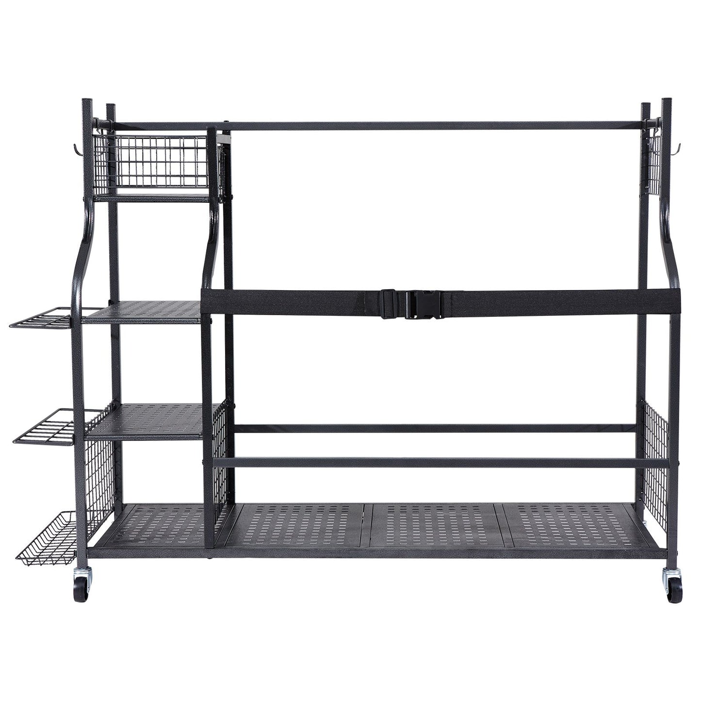 Golf Storage Garage Organizer, 3 Golf Bag Stand Holder and Other Sports Equipment Storage Rack, Rolling Ball Cart on Wheels, Outdoor Sport Gear and Toy Storage with Baskets & Hooks, Steel, Black