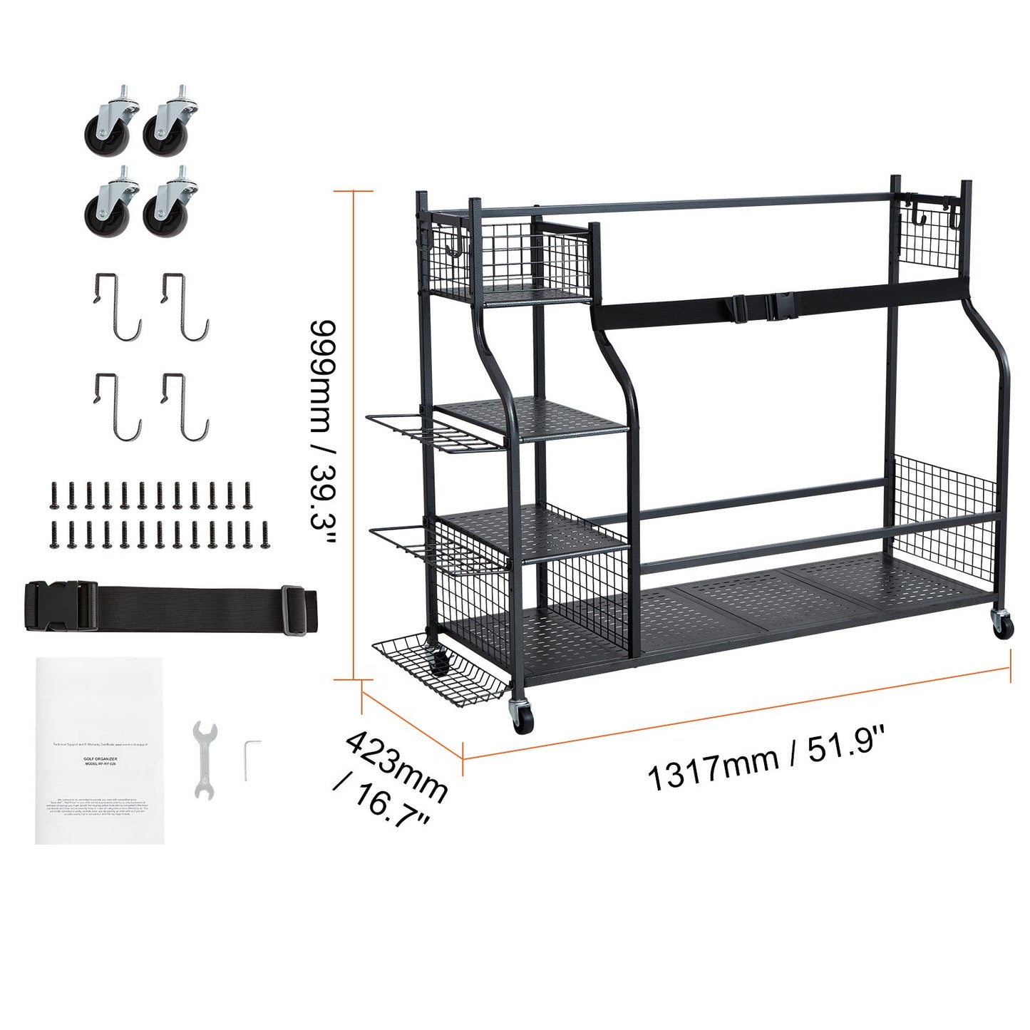Golf Storage Garage Organizer, 3 Golf Bag Stand Holder and Other Sports Equipment Storage Rack, Rolling Ball Cart on Wheels, Outdoor Sport Gear and Toy Storage with Baskets & Hooks, Steel, Black