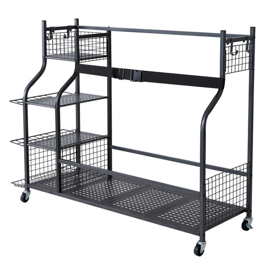 Golf Storage Garage Organizer, 3 Golf Bag Stand Holder and Other Sports Equipment Storage Rack, Rolling Ball Cart on Wheels, Outdoor Sport Gear and Toy Storage with Baskets & Hooks, Steel, Black