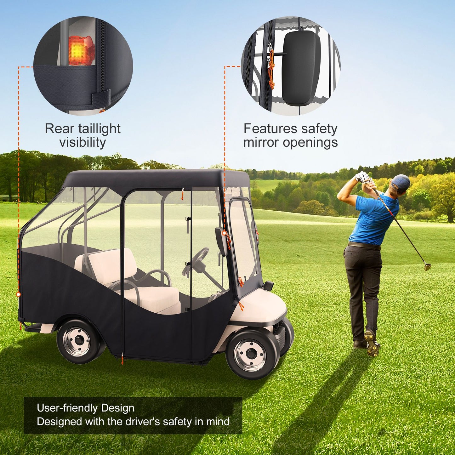 Golf Cart Enclosure, 600D Polyester Driving Enclosure with 4-Sided Transparent Windows, 4 Passenger Club Car Covers for 2+2 Passenger Golf Carts, Sunproof and Dustproof Outdoor Cart Cover