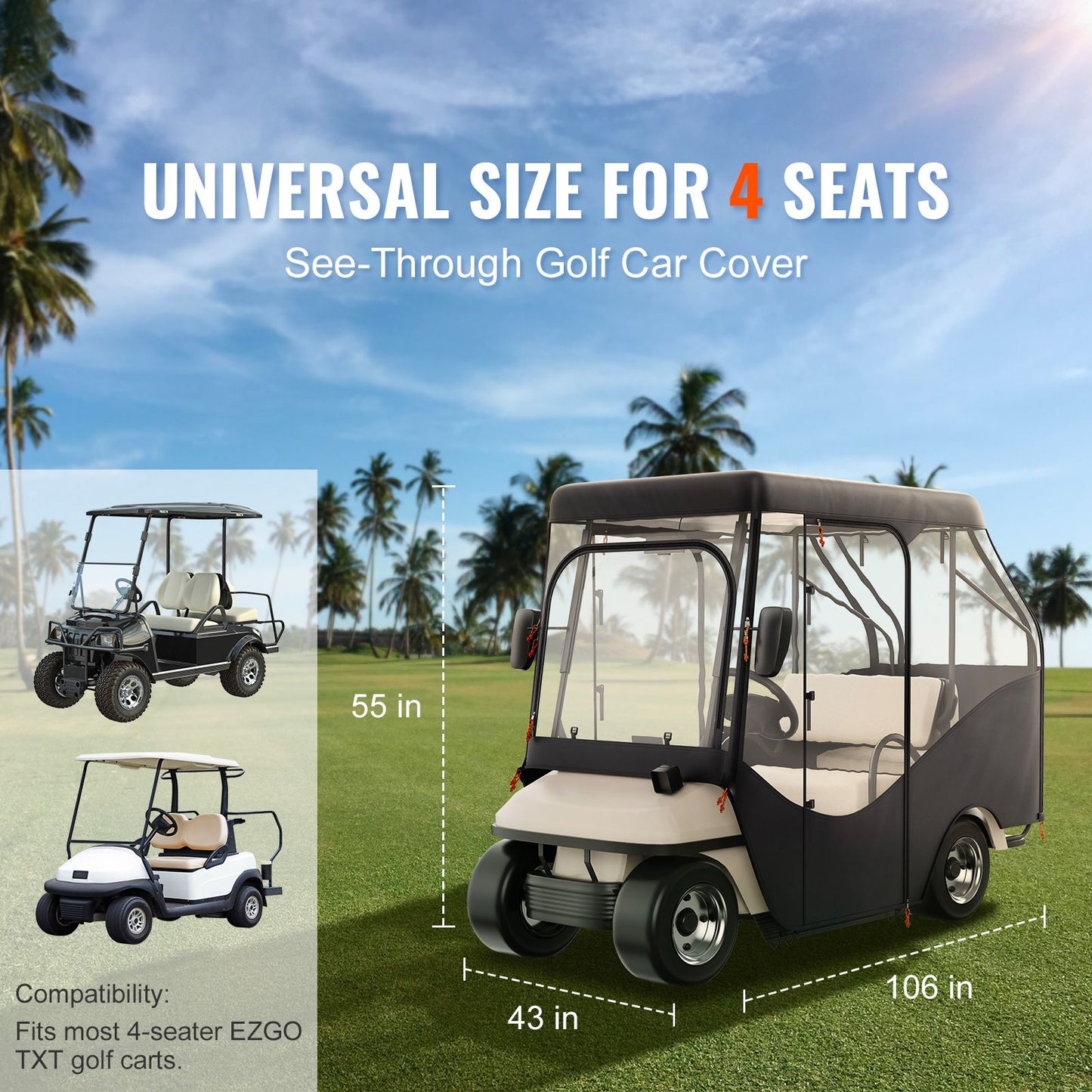 Golf Cart Enclosure, 600D Polyester Driving Enclosure with 4-Sided Transparent Windows, 4 Passenger Club Car Covers for 2+2 Passenger Golf Carts, Sunproof and Dustproof Outdoor Cart Cover