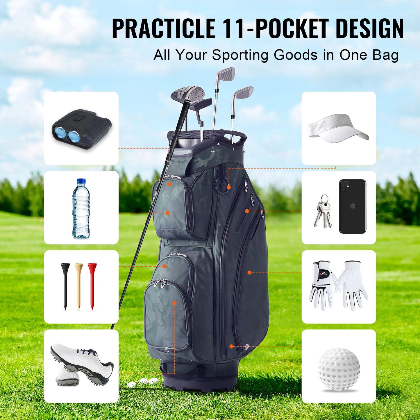 Golf Cart Bag with 14 Way Organizer Divider Top, 36' 11 Pockets Premium Nylon Cart Bag, Durable Golf Bags with Handles & Dust Cover & Detachable Straps for Men & Women, Army Green