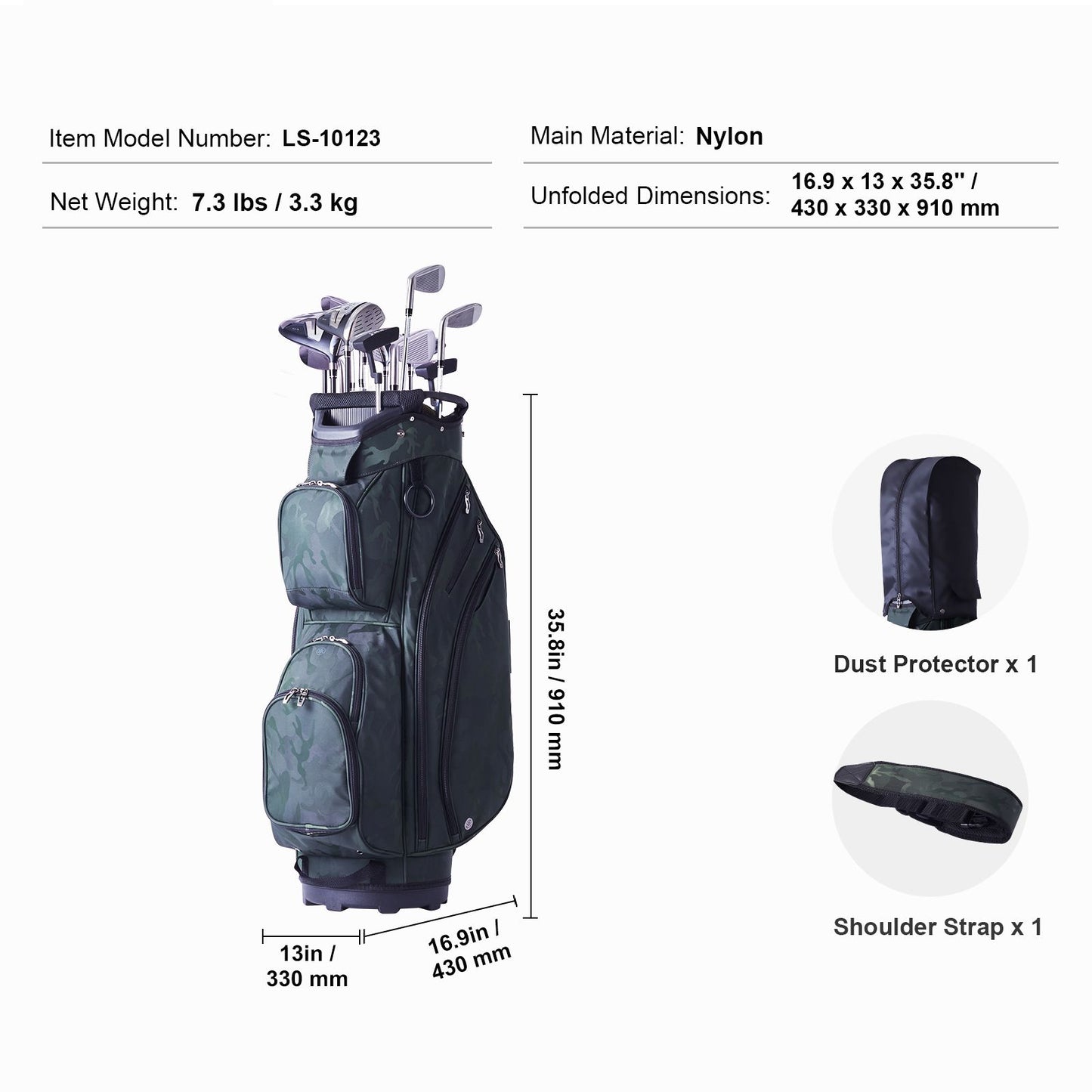 Golf Cart Bag with 14 Way Organizer Divider Top, 36' 11 Pockets Premium Nylon Cart Bag, Durable Golf Bags with Handles & Dust Cover & Detachable Straps for Men & Women, Army Green