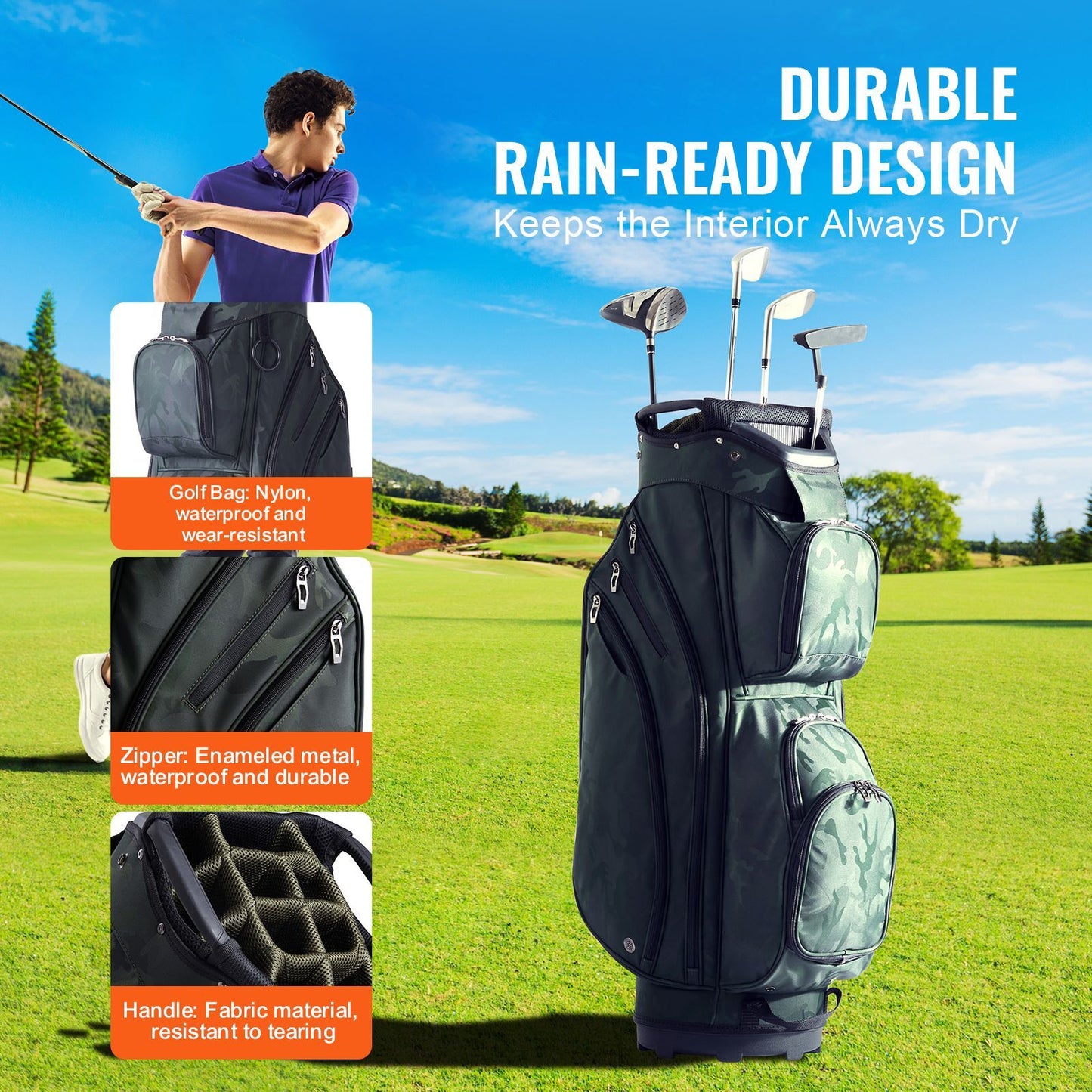 Golf Cart Bag with 14 Way Organizer Divider Top, 36' 11 Pockets Premium Nylon Cart Bag, Durable Golf Bags with Handles & Dust Cover & Detachable Straps for Men & Women, Army Green