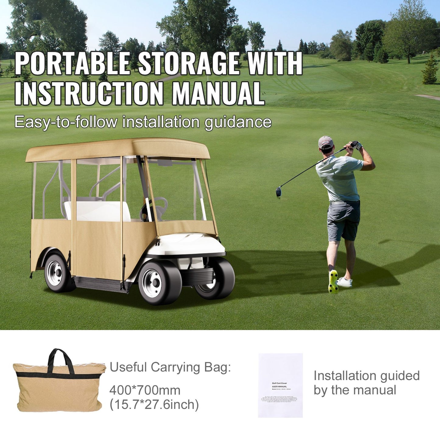 Golf Cart Enclosure, with 4-Sided Fairway Deluxe, 300D Waterproof Driving Enclosure with Transparent Windows, Fit for 2+2 Seats Golf Carts (Roof Up to 78.7''L)