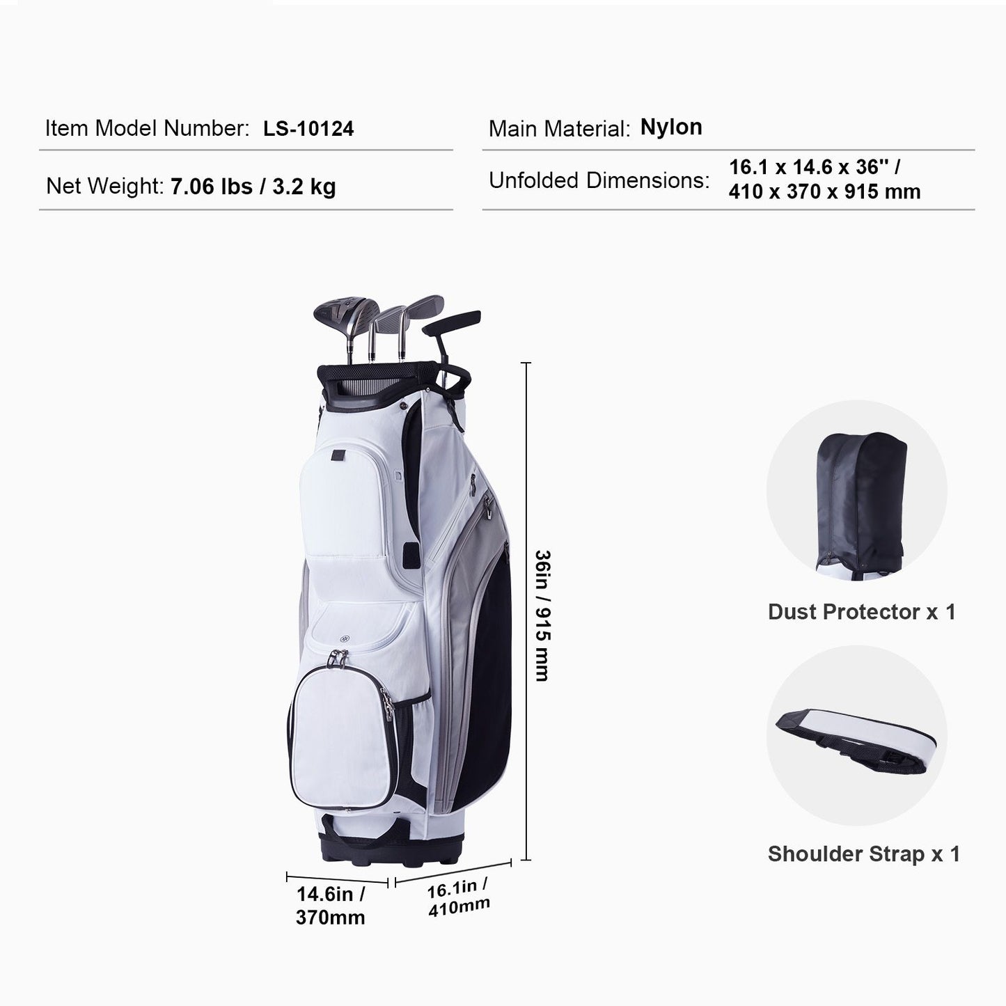 Golf Cart Bag with 14 Way Organizer Divider Top, 36' 13 Pockets Premium Nylon Cart Bag, Durable Golf Bags with Handles & Dust Cover & Detachable Straps for Men & Women, White Color-Block