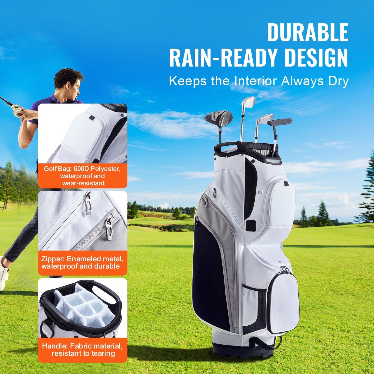 Golf Cart Bag with 14 Way Organizer Divider Top, 36' 13 Pockets Premium Nylon Cart Bag, Durable Golf Bags with Handles & Dust Cover & Detachable Straps for Men & Women, White Color-Block
