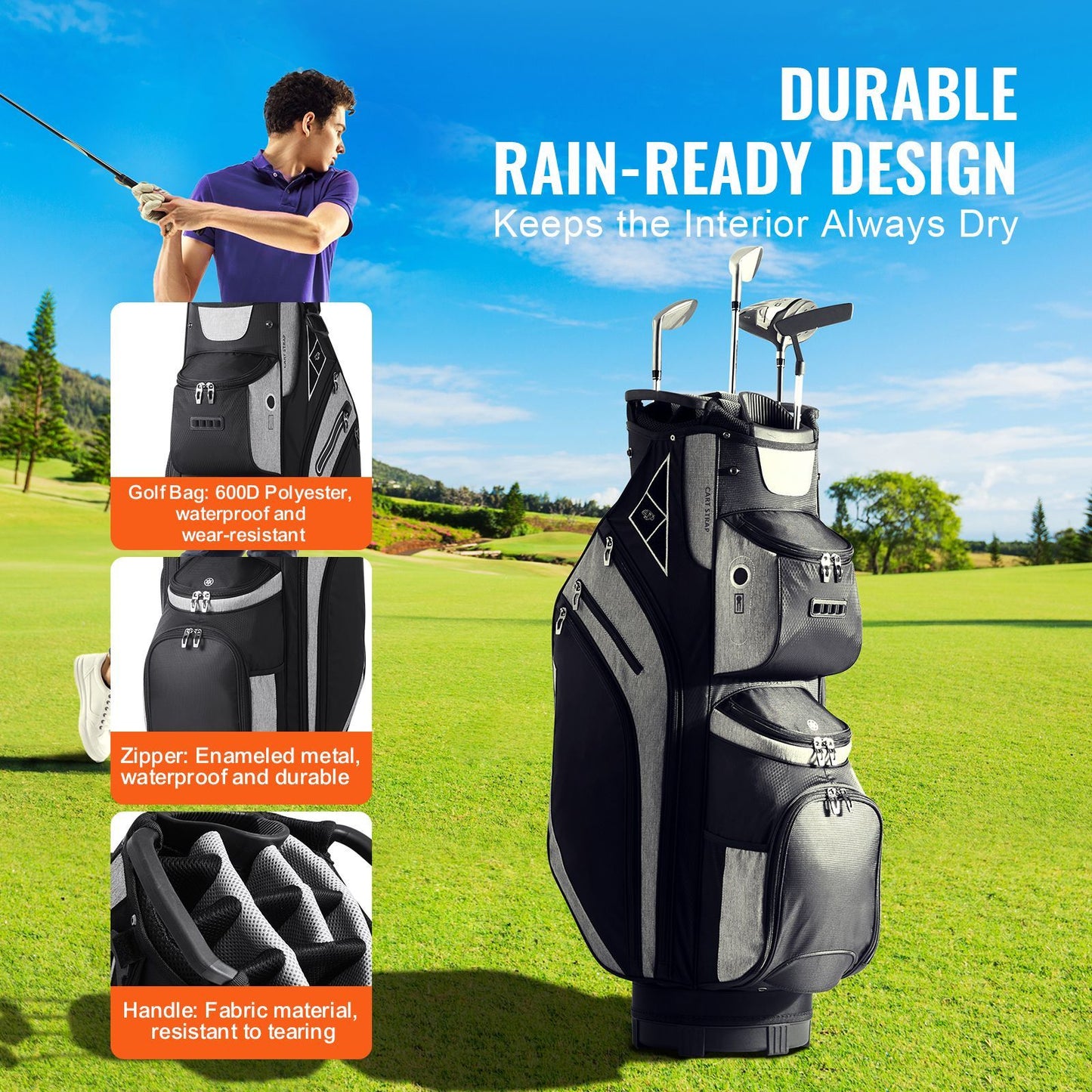 Golf Cart Bag with 14 Way Organizer Divider Top, 36' 13 Pockets Premium Cart Bag, Durable Golf Bags with Handles & Dust Cover & Detachable Straps for Men & Women, Black Color-Block