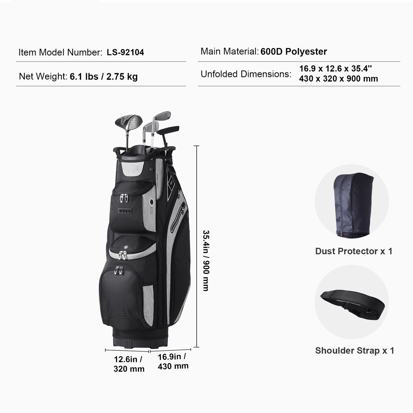 Golf Cart Bag with 14 Way Organizer Divider Top, 36' 13 Pockets Premium Cart Bag, Durable Golf Bags with Handles & Dust Cover & Detachable Straps for Men & Women, Black Color-Block