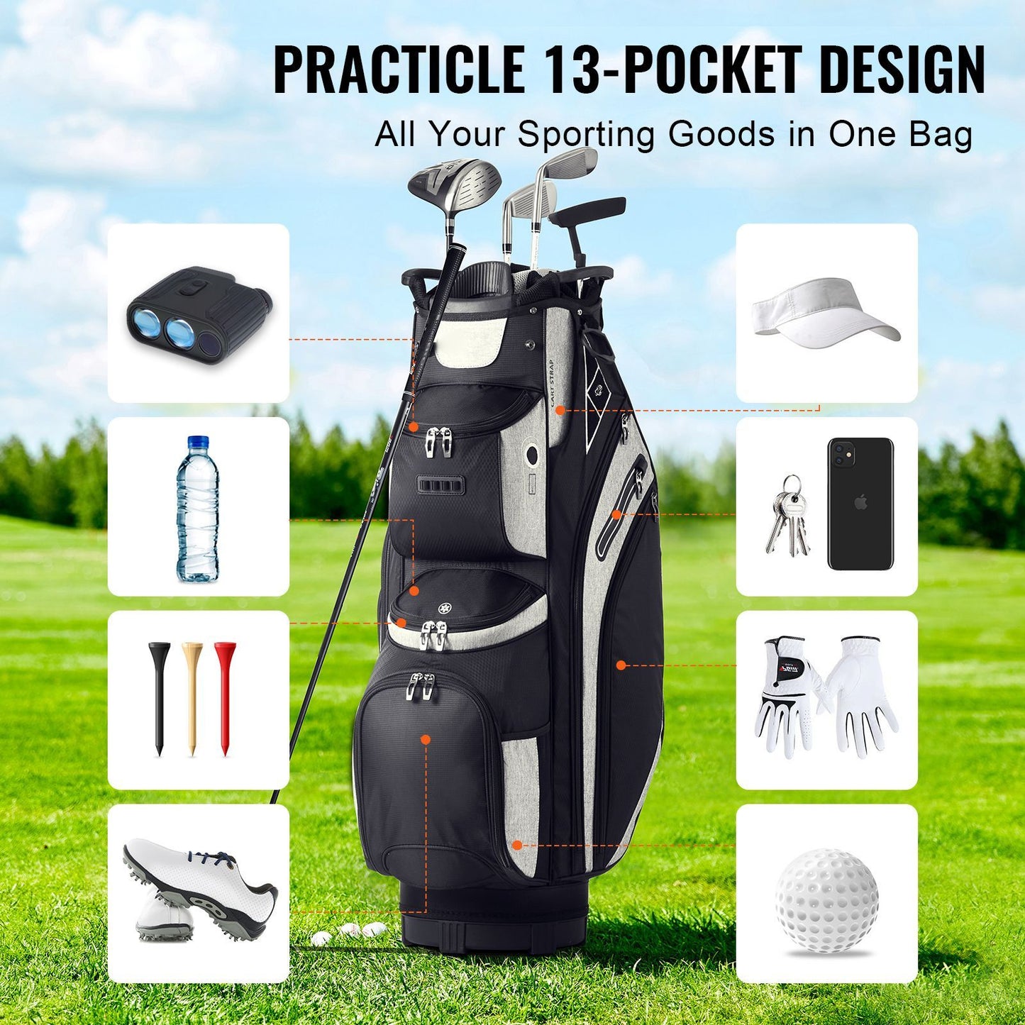 Golf Cart Bag with 14 Way Organizer Divider Top, 36' 13 Pockets Premium Cart Bag, Durable Golf Bags with Handles & Dust Cover & Detachable Straps for Men & Women, Black Color-Block