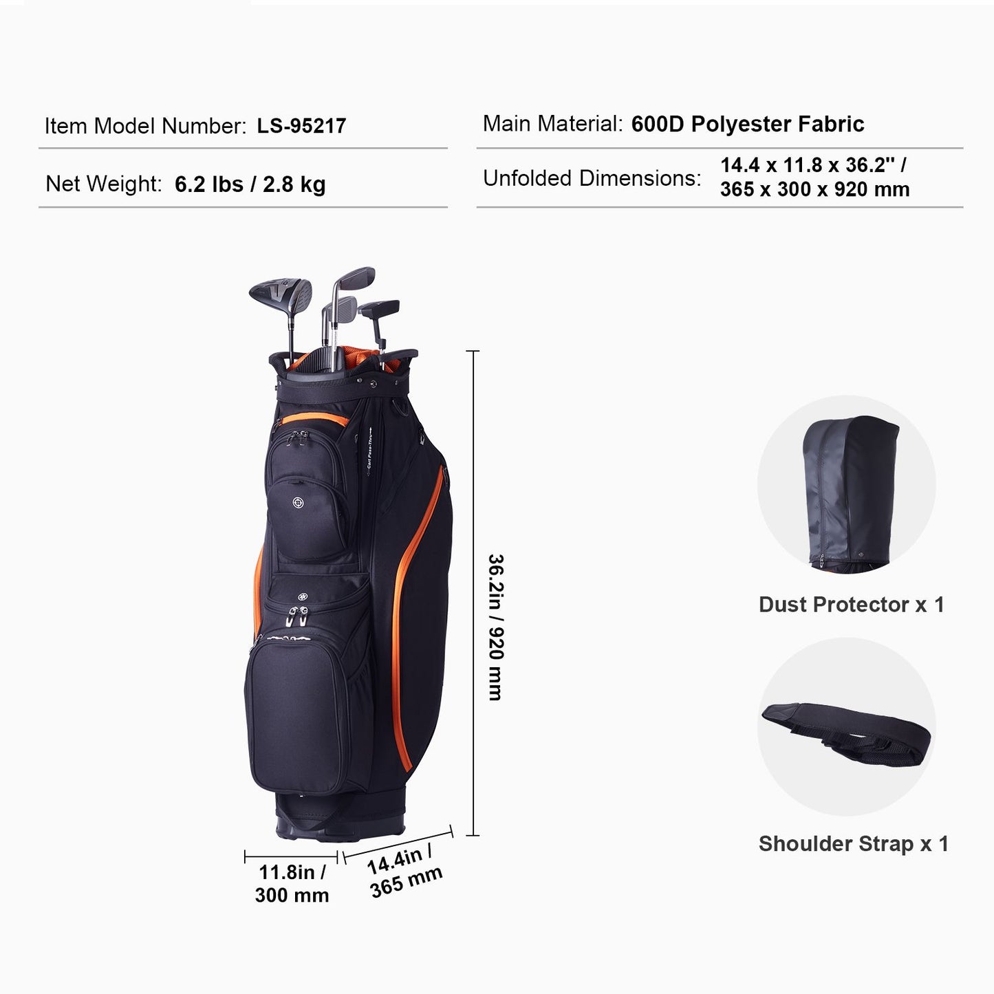 Golf Cart Bag with 14 Way Organizer Divider Top, 36' 13 Pockets Premium Cart Bag, Durable Golf Bags with Handles & Dust Cover & Detachable Straps for Men & Women, Black & Orange